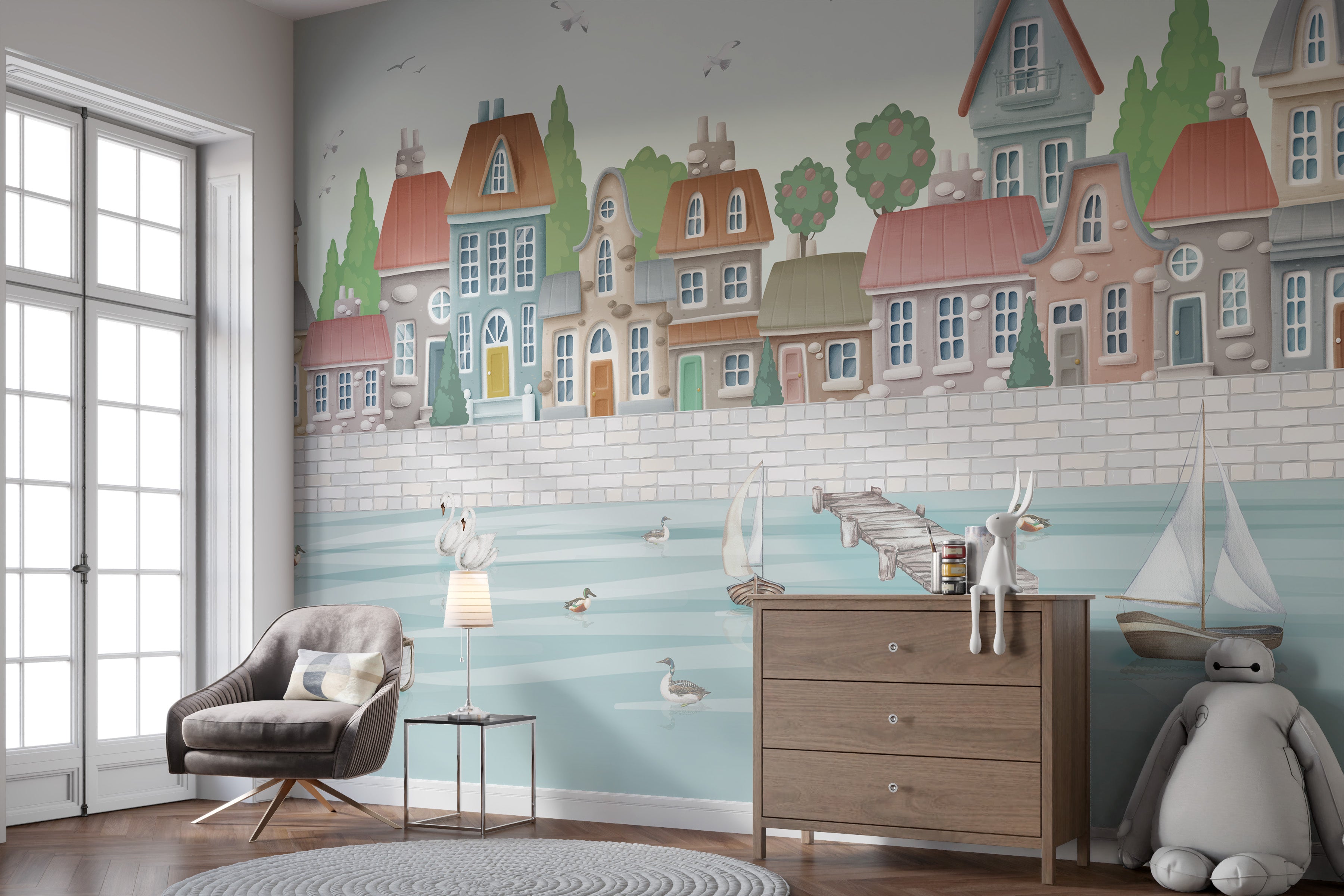 Waterfront City Wallpaper for serene kids' rooms