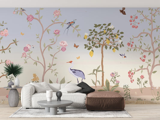 Spring garden chinoiserie wallpaper design
