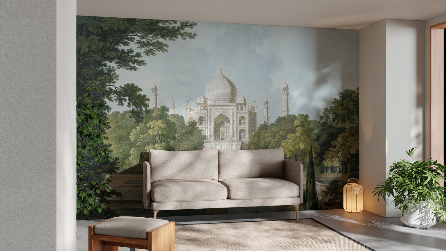 Majestic Taj Mahal garden view wallpaper for interiors
