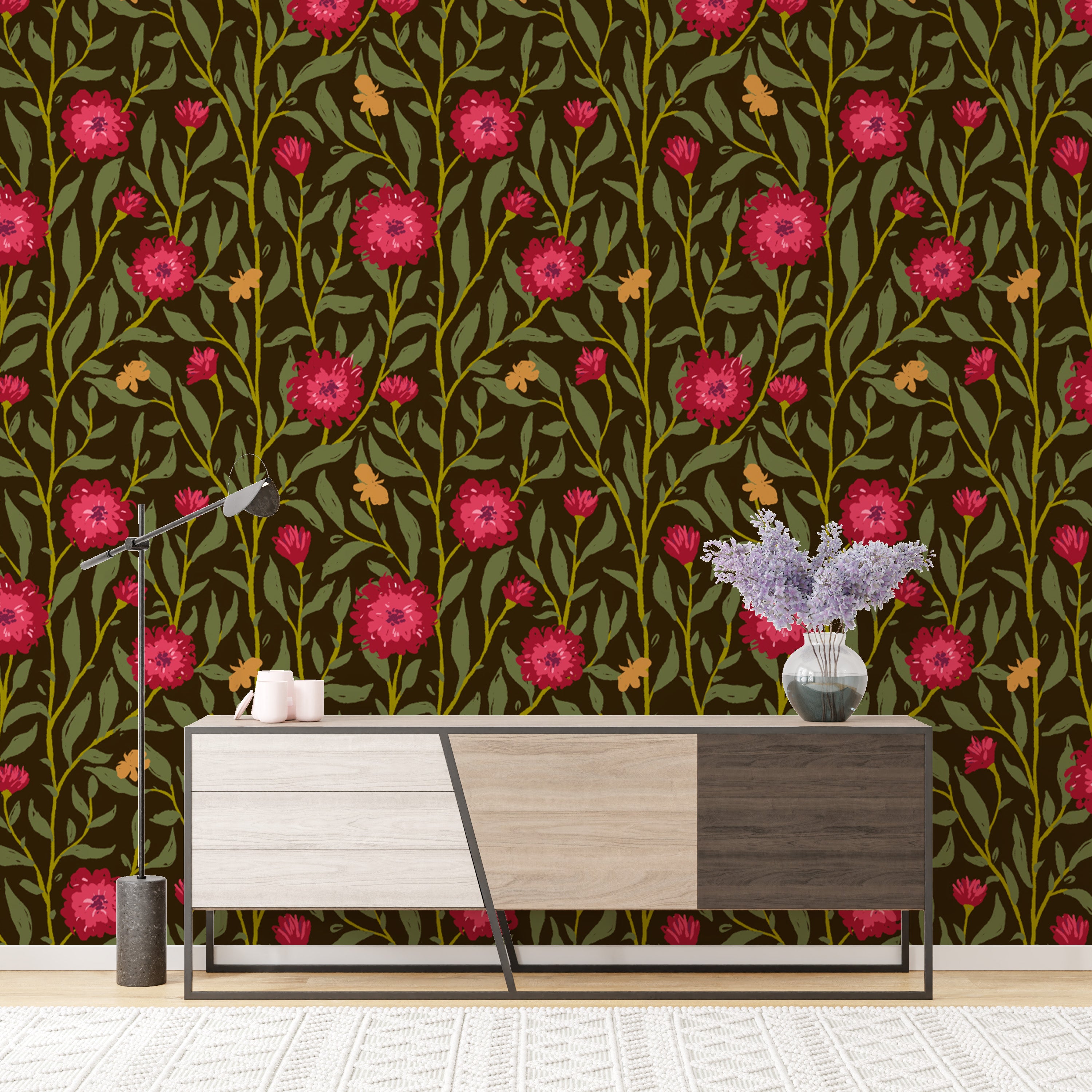 Whimsical dark magenta trellis mural for playful and stylish walls.
