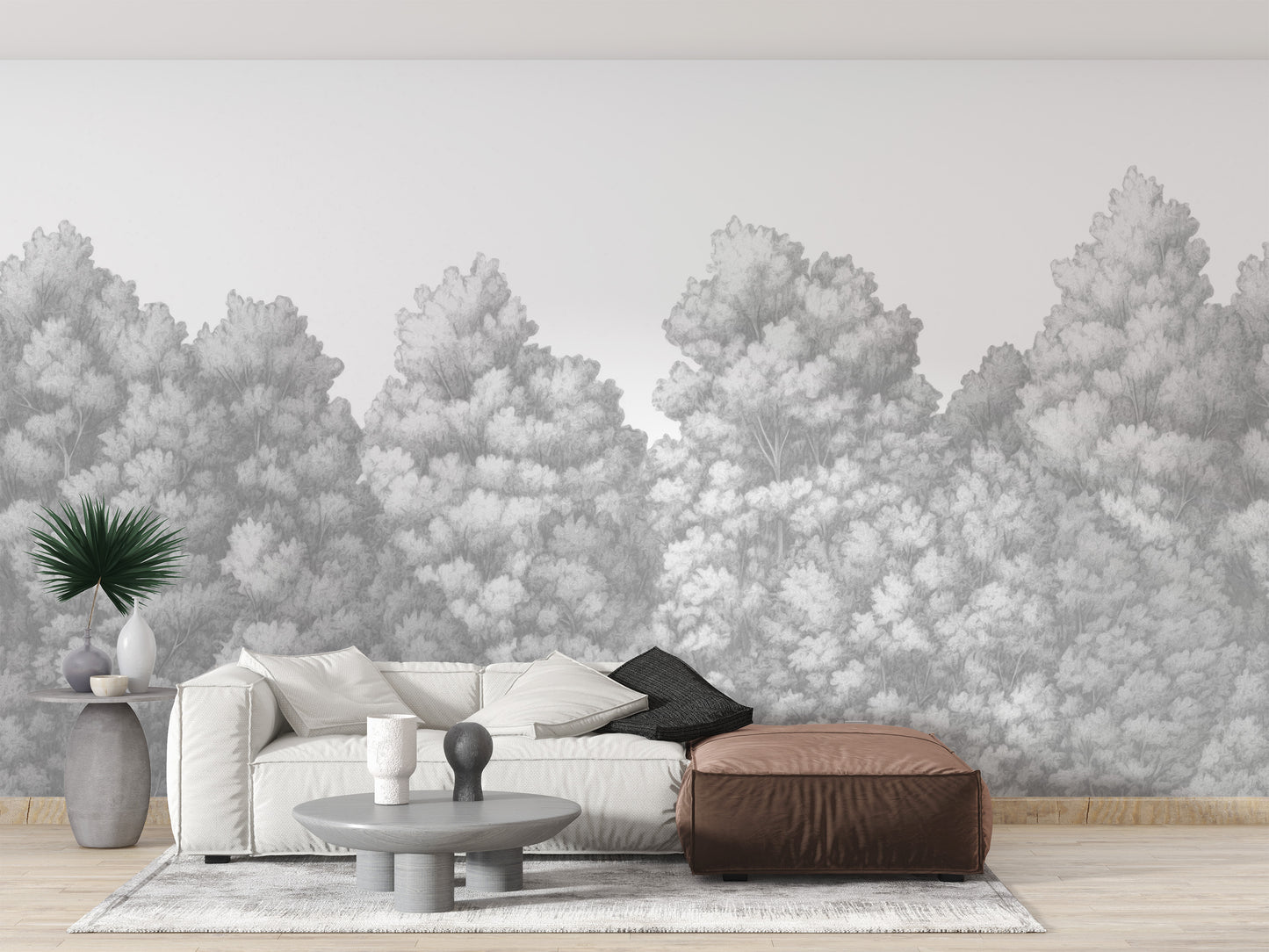 Grey jungle wall mural with painted trees