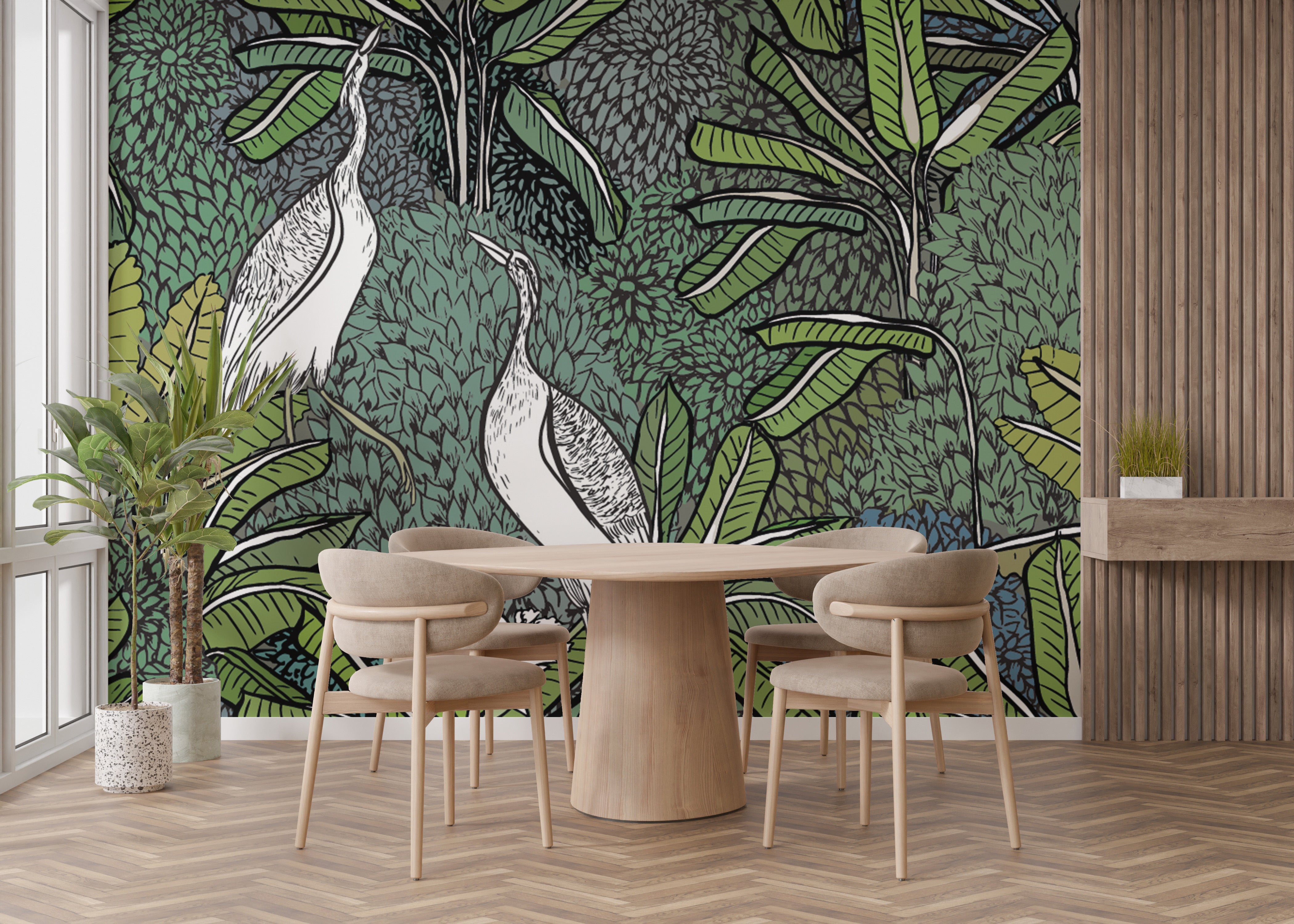 Tropical wallpaper with crane birds
