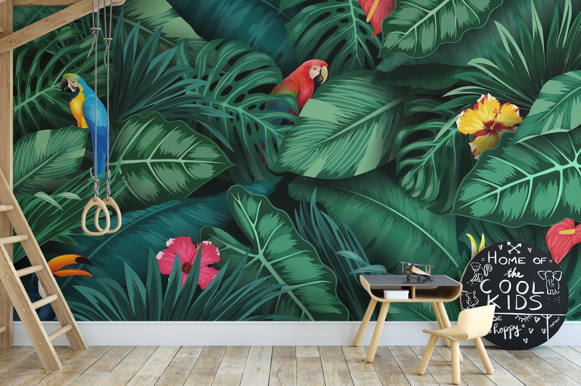 Exotic green leaves wallpaper mural featuring tropical birds.