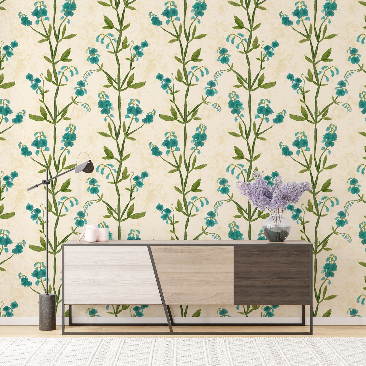 Floral sweet peas blue wallpaper for nature-inspired decor.
