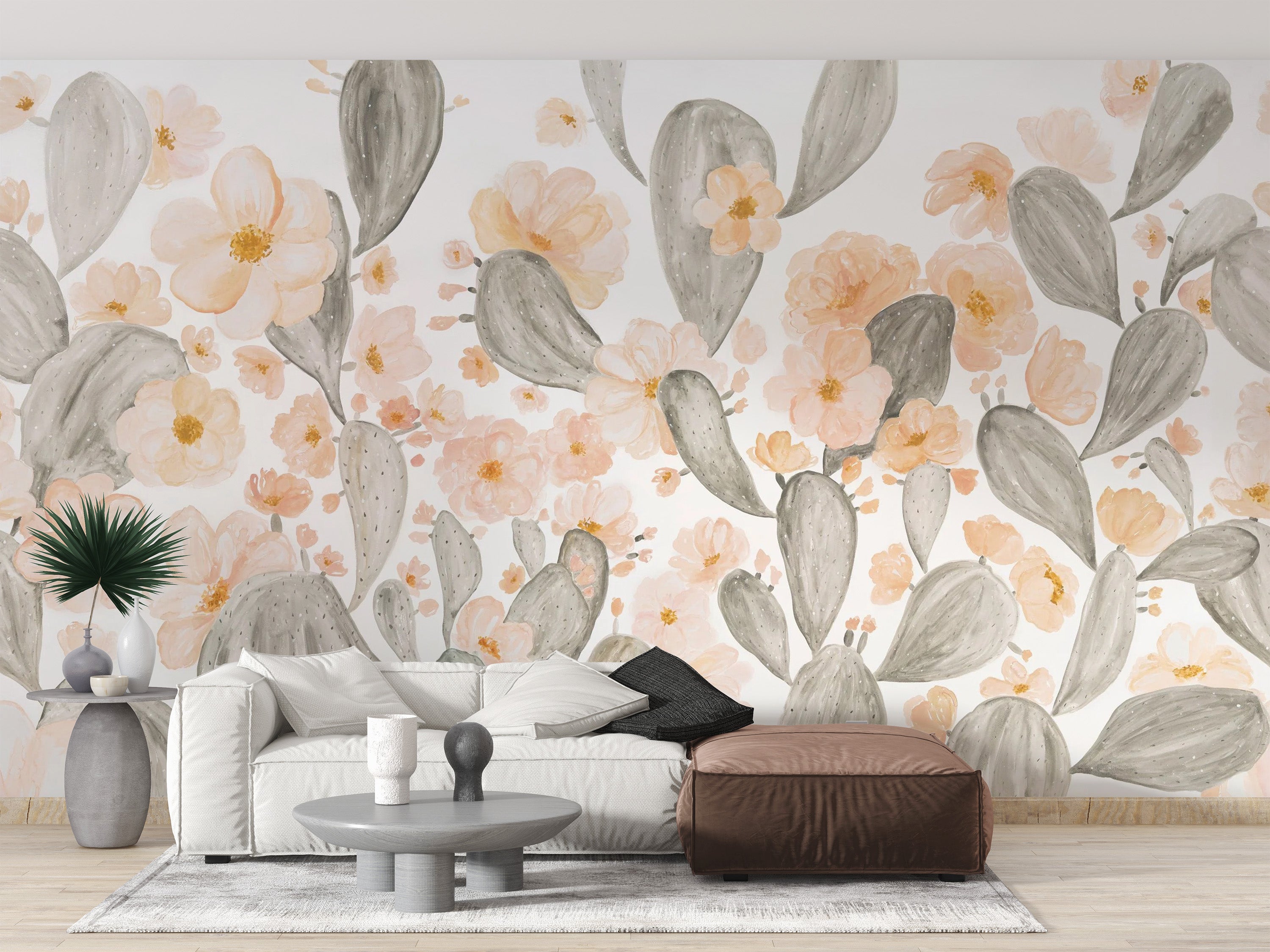 Watercolour cactus floral wallpaper for serene walls
