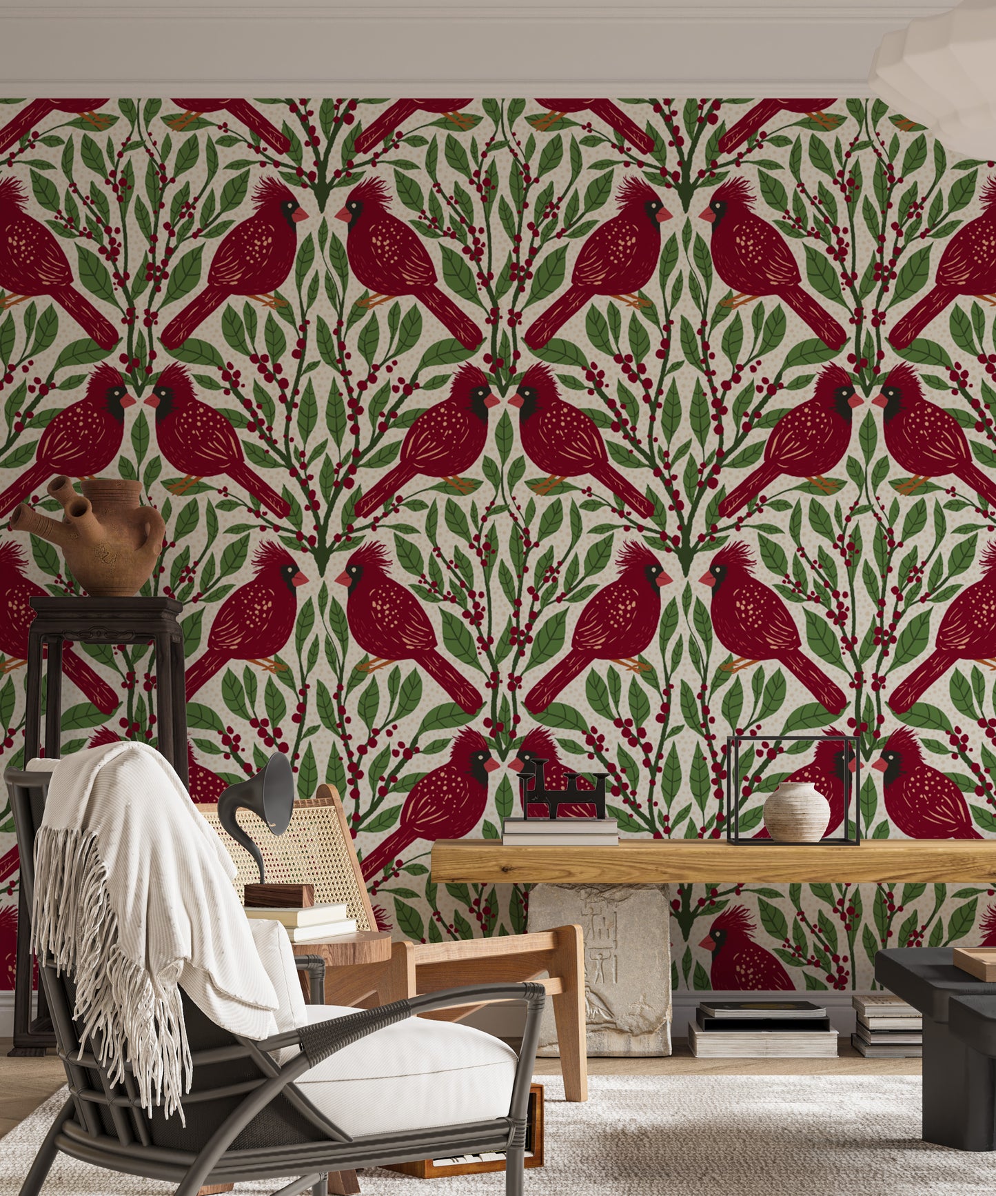 Bold red cardinals wallpaper for a vibrant accent wall.
