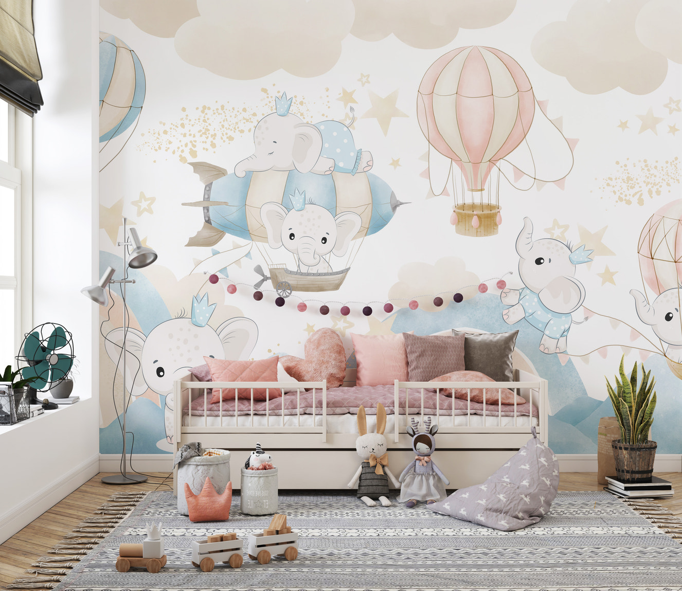 Baby Elephant Sky Adventure Mural for kids' rooms