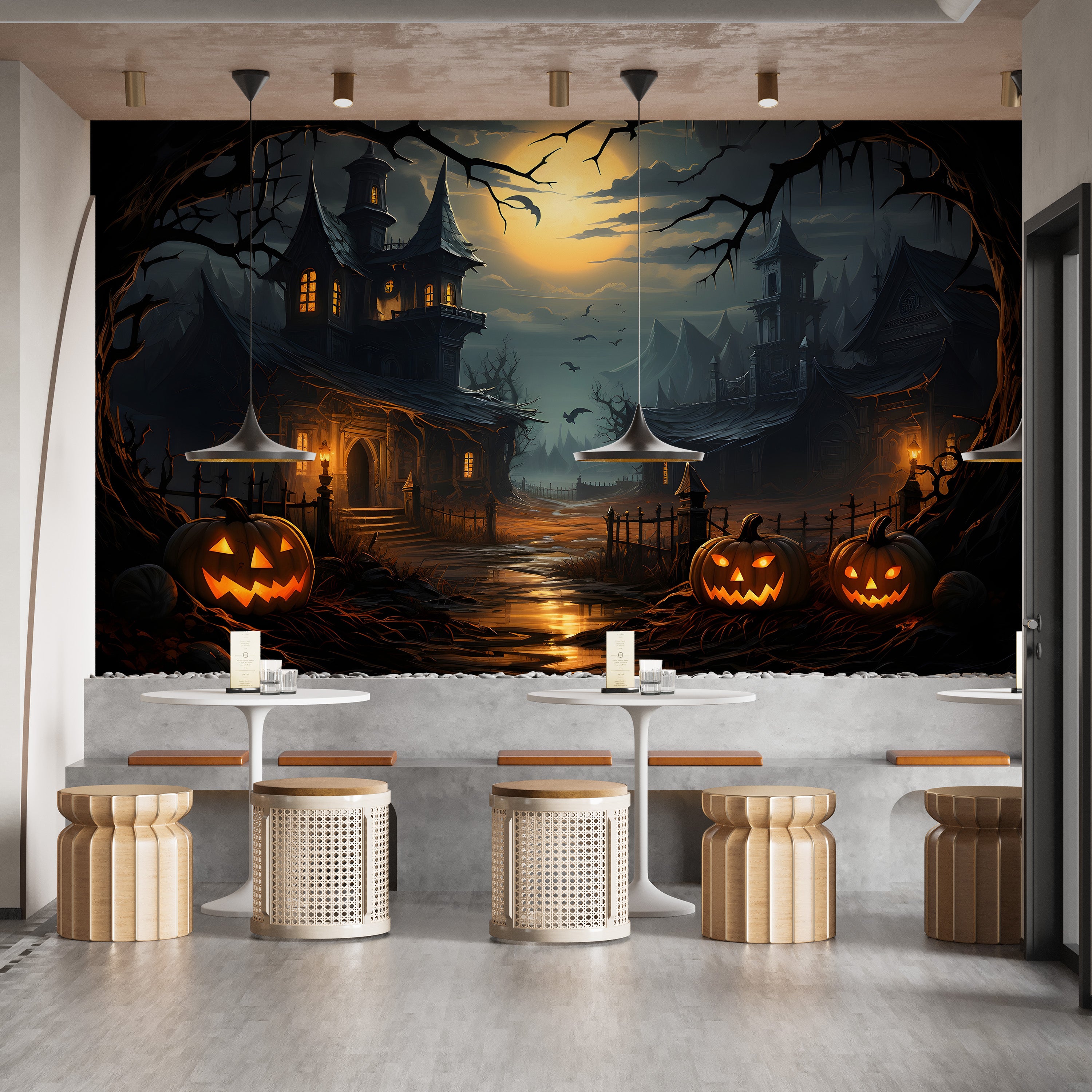 Spooky haunted house wallpaper mural design
