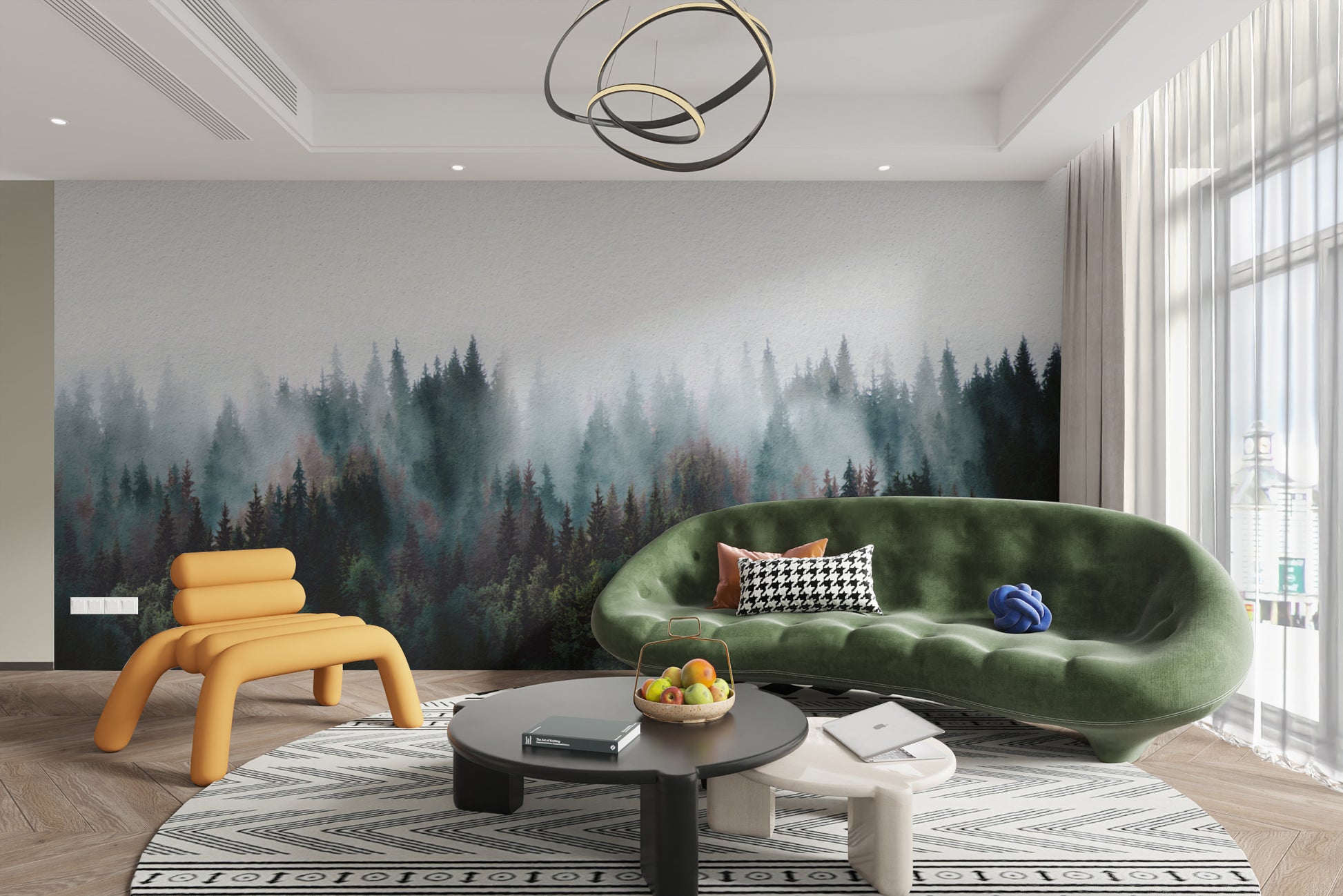 Dark green pine forest fog wall mural
