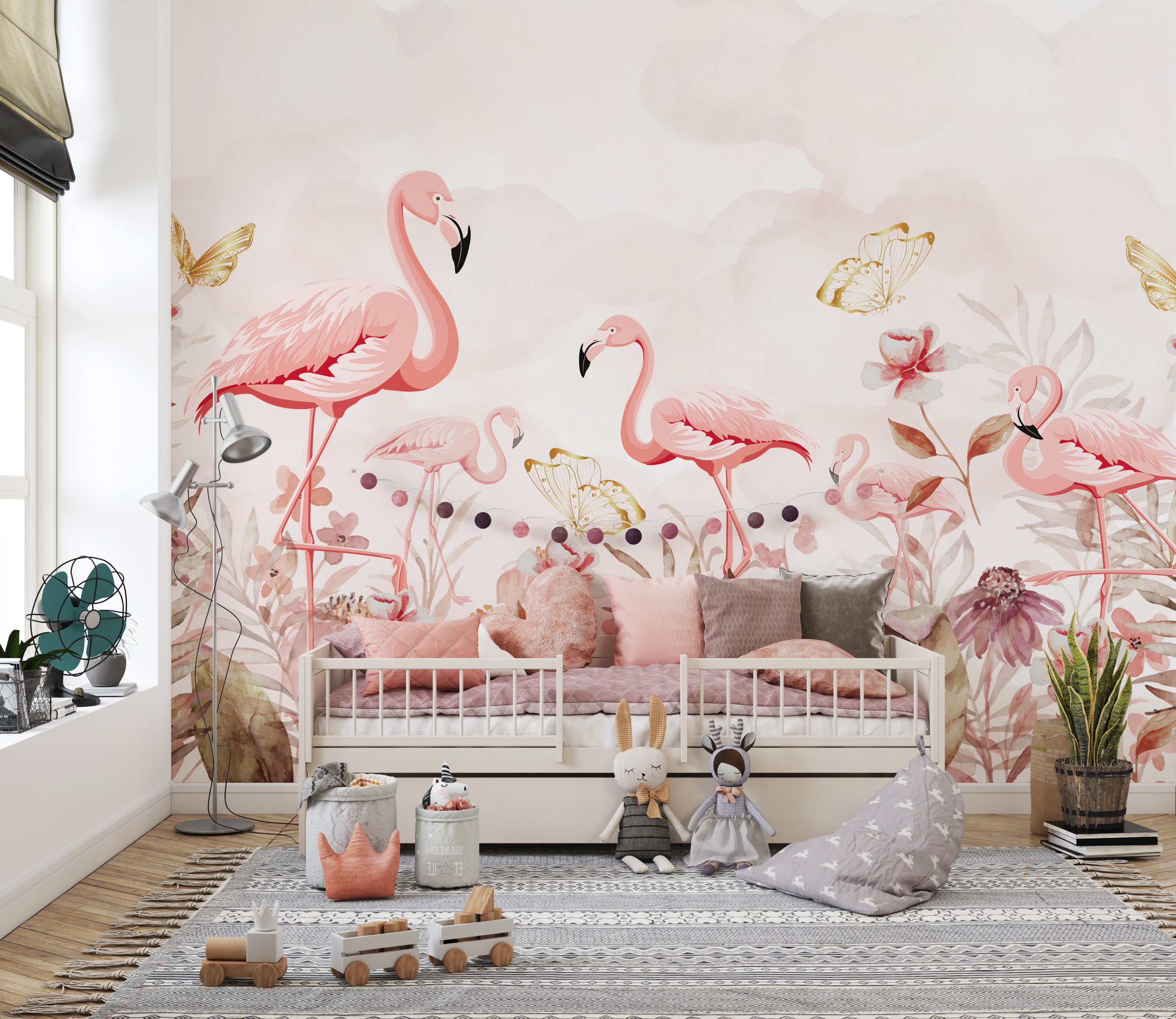 Flamingo serenade mural with soft pastel tones for calm decor.
