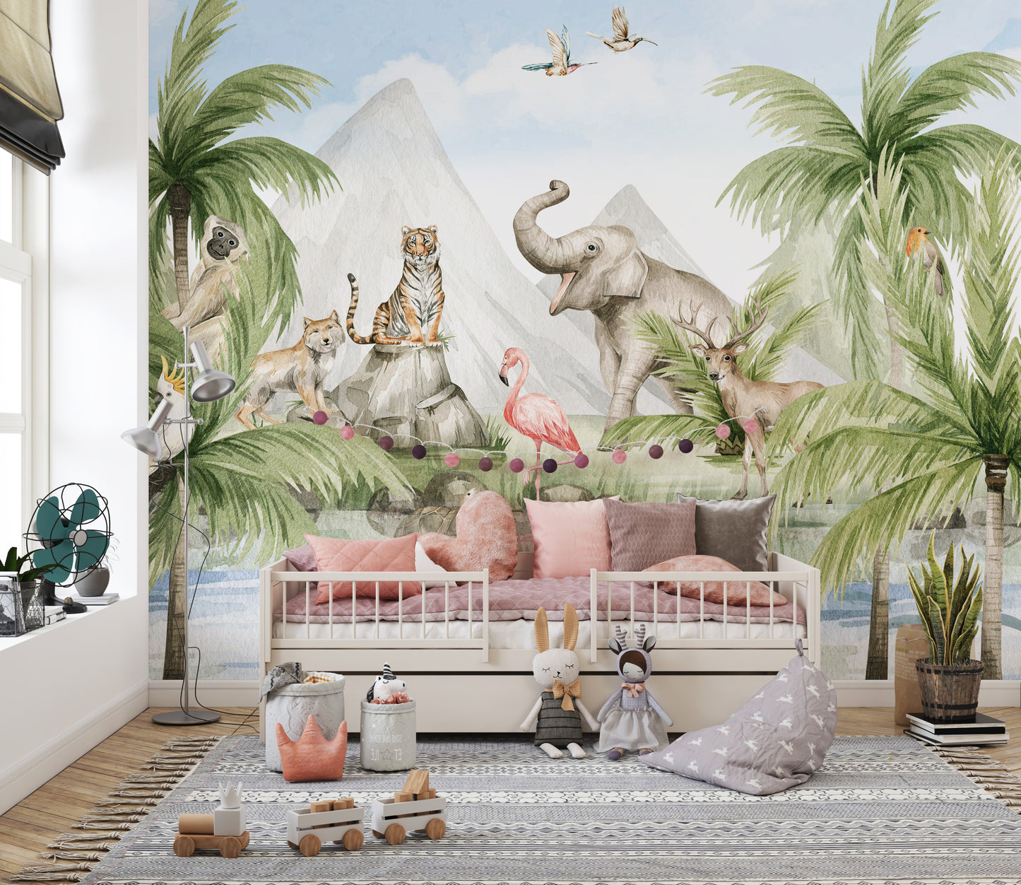 Wild animals roaming a stunning jungle scene mural