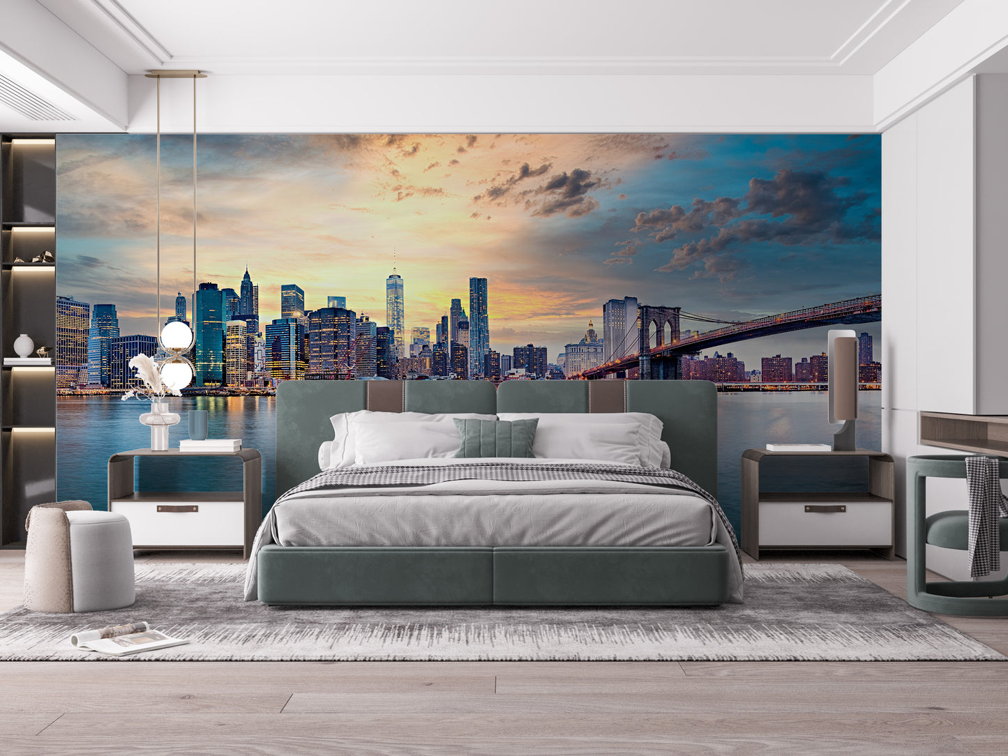 Panoramic New York wallpaper with sunset reflections