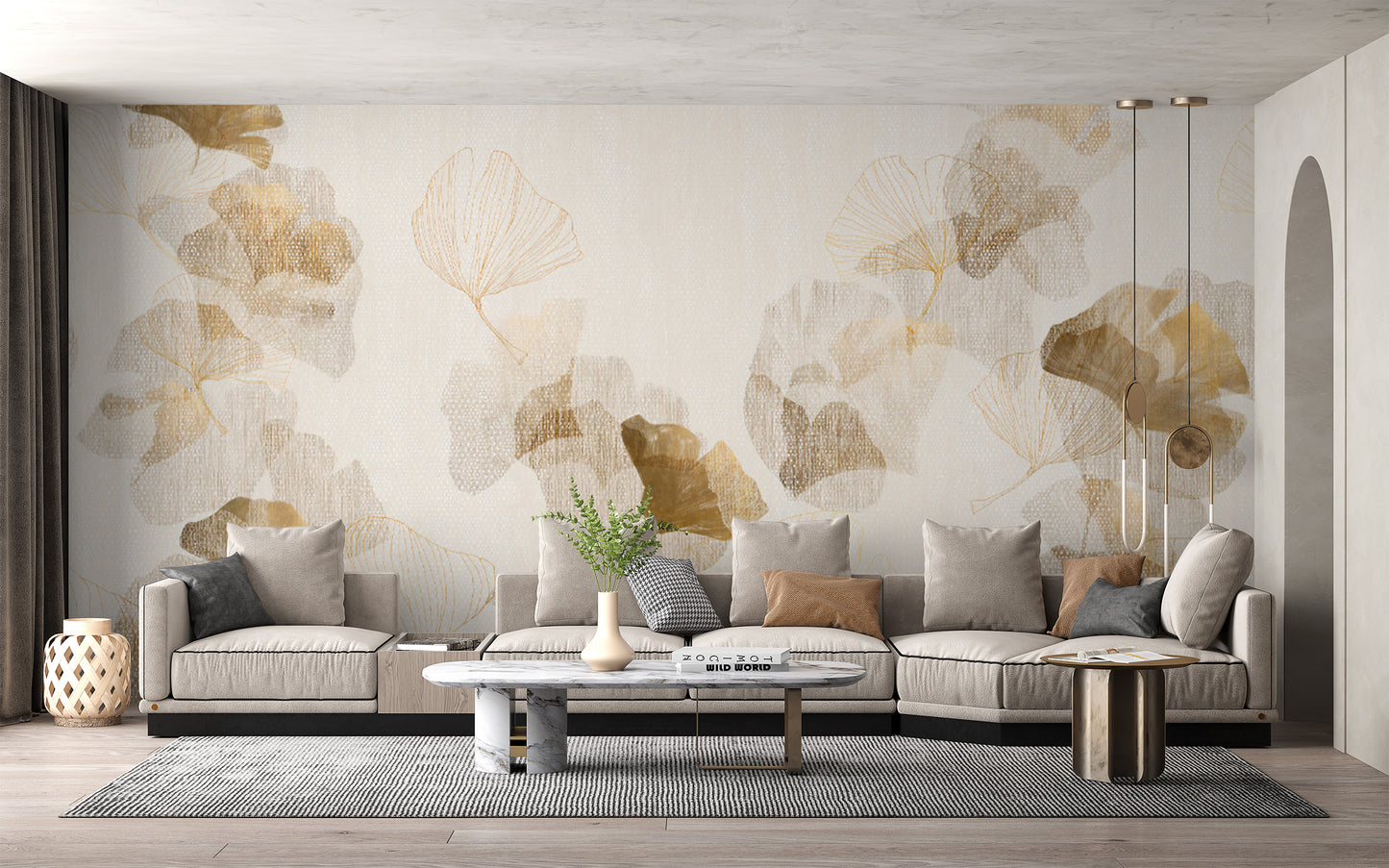 Neutral beige ginkgo wallpaper with golden leaf highlights
