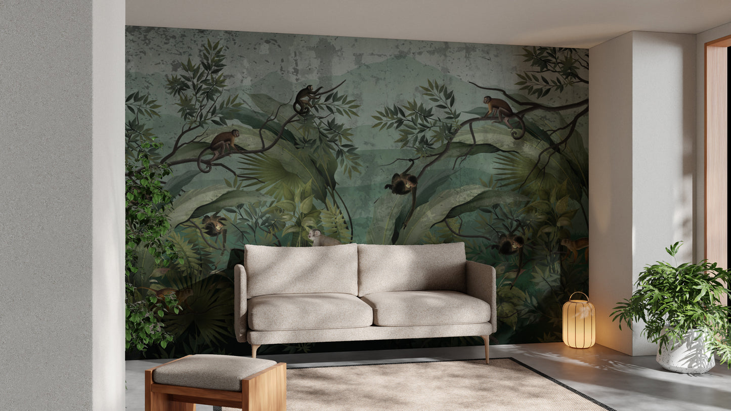 Exotic rainforest mural featuring monkeys and greenery
