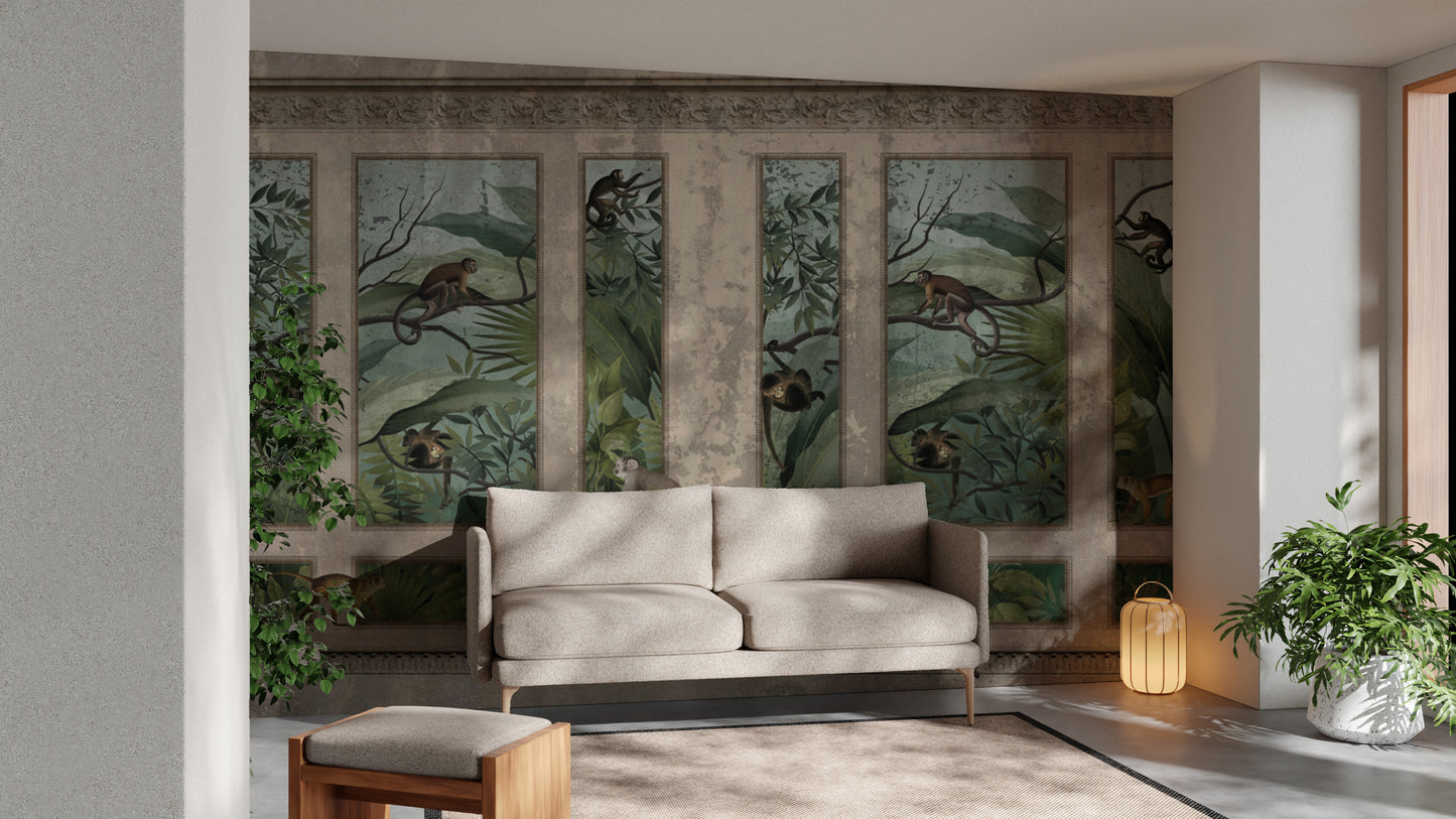 Wildlife scenery mural with playful monkeys and greenery
