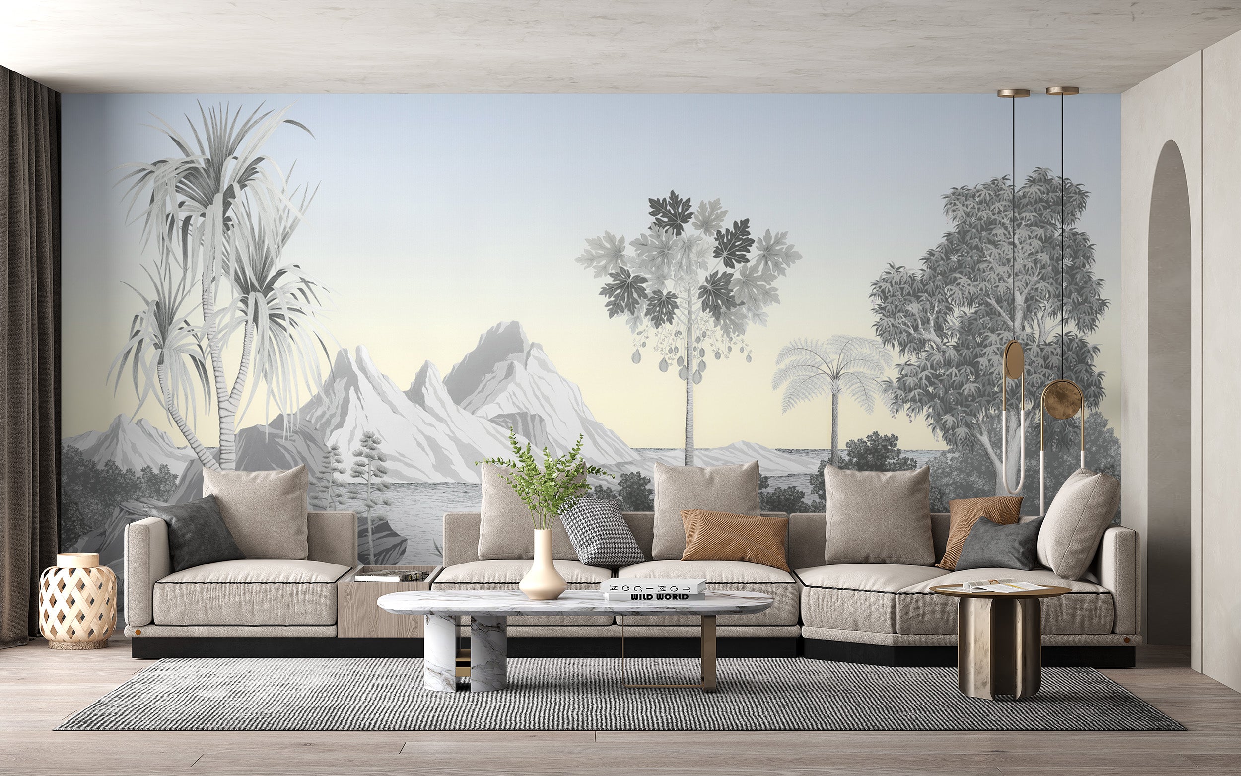 Exotic jungle mural with palm trees in monochrome tones
