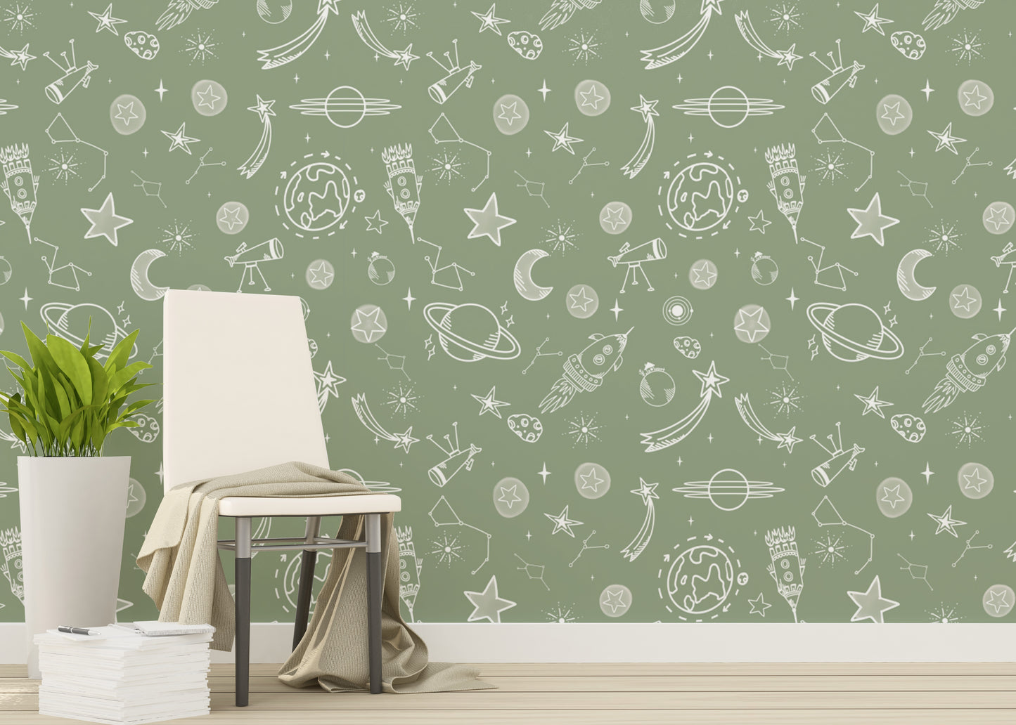 Space Voyage Green Kids Wallpaper with cosmic fun