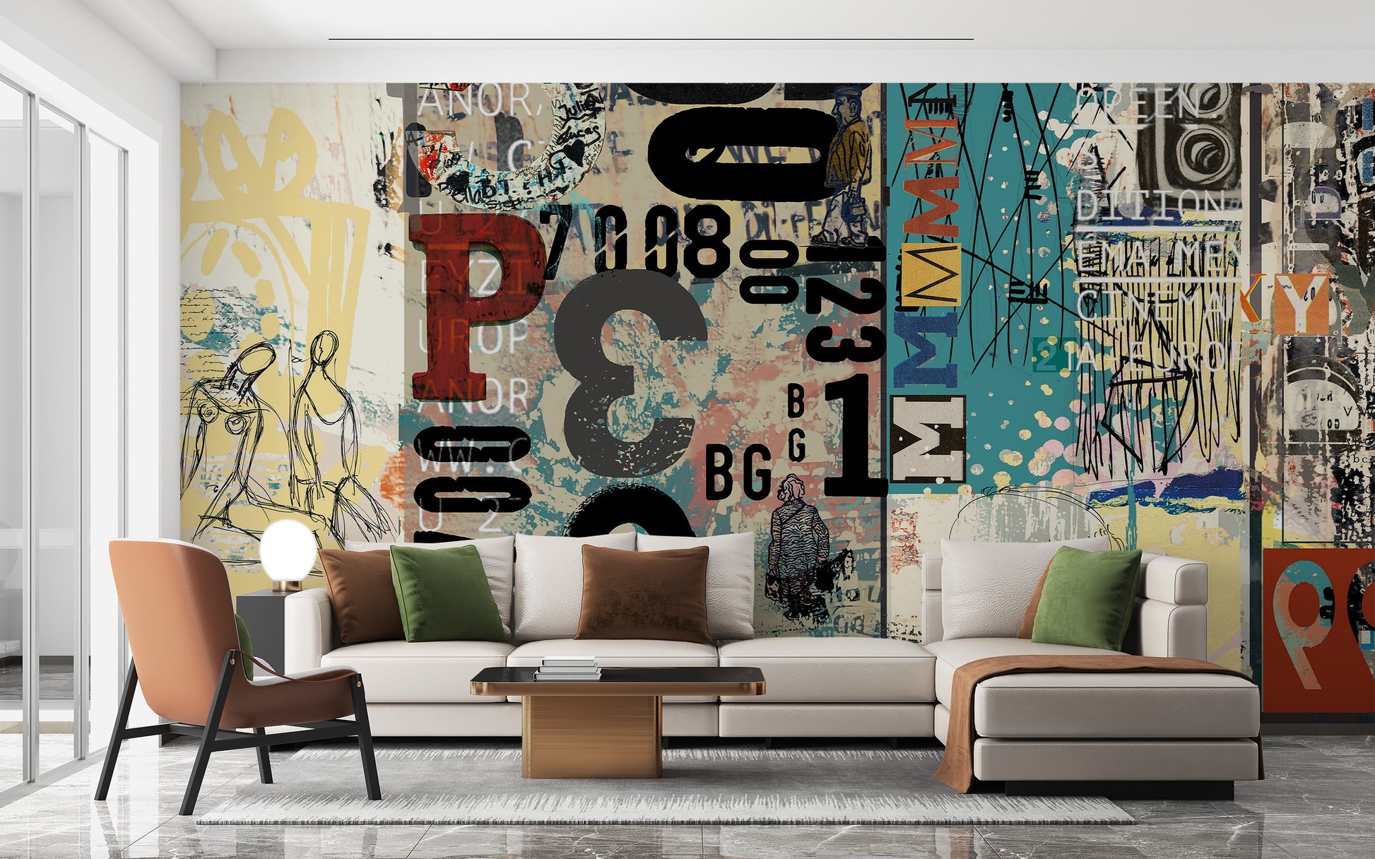 Retro collage wallpaper brings vintage flair to living room