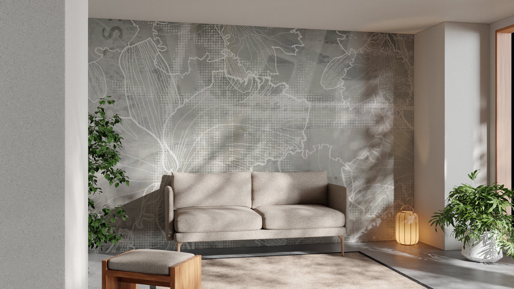 Elegant floral wall mural in neutral monochrome tones
