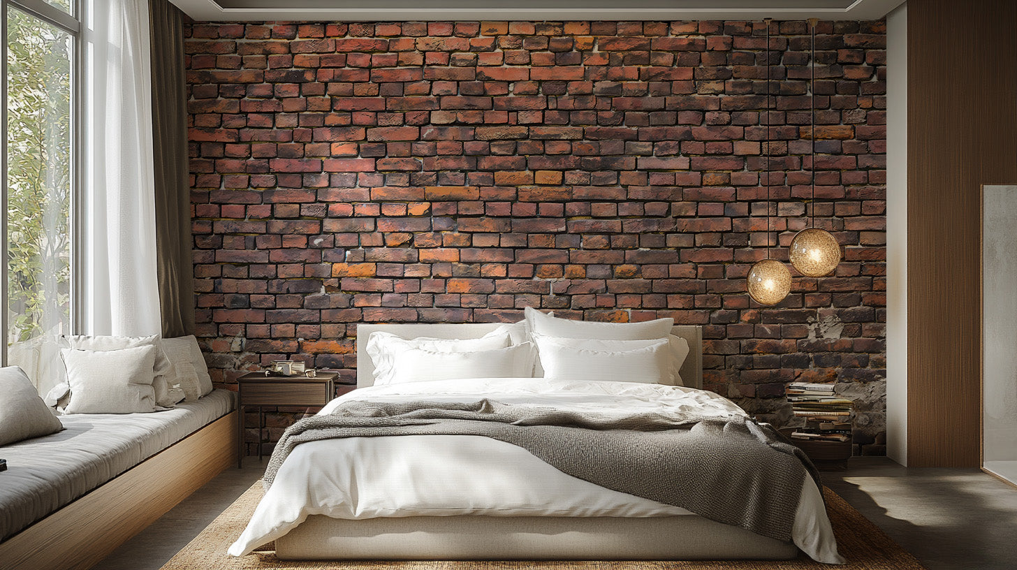 Rustic brick accent wall mural in bedroom