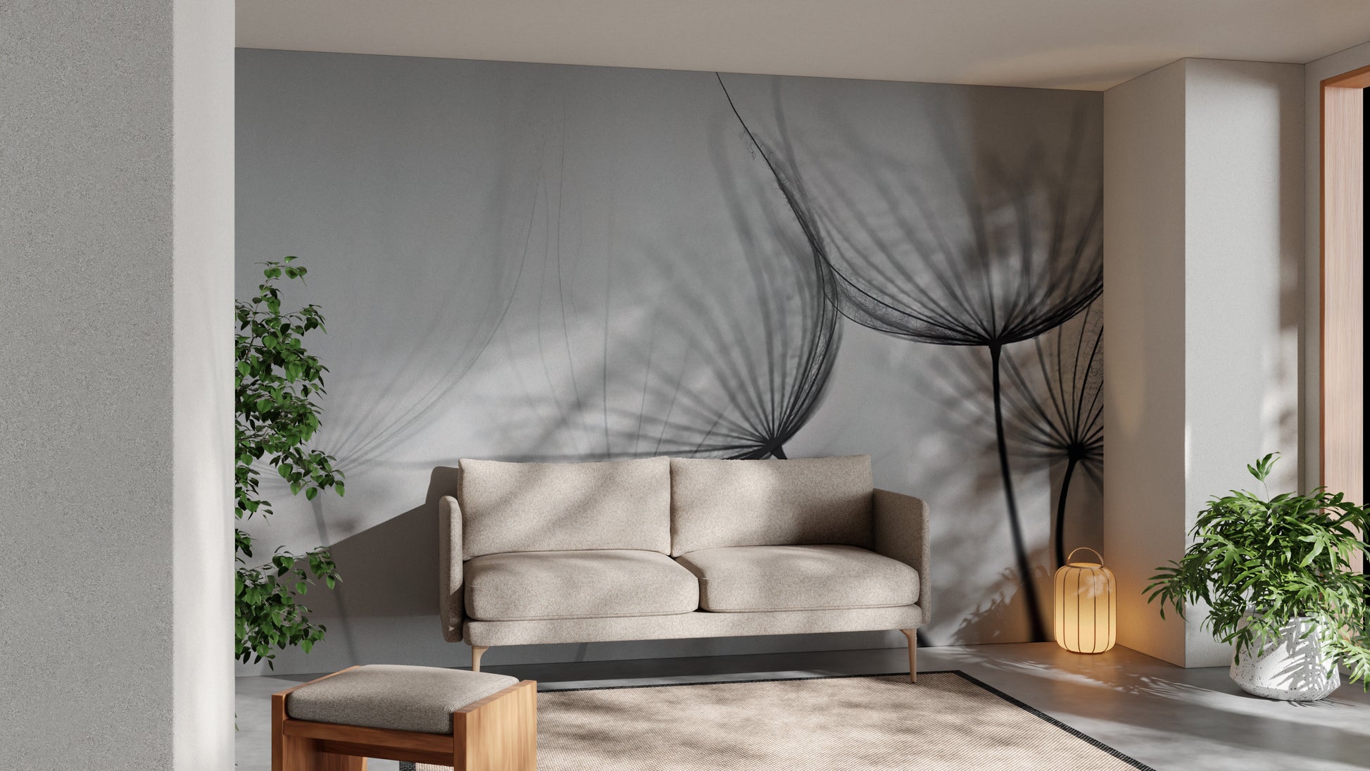 Elegant monochrome dandelion wallpaper for modern interiors
