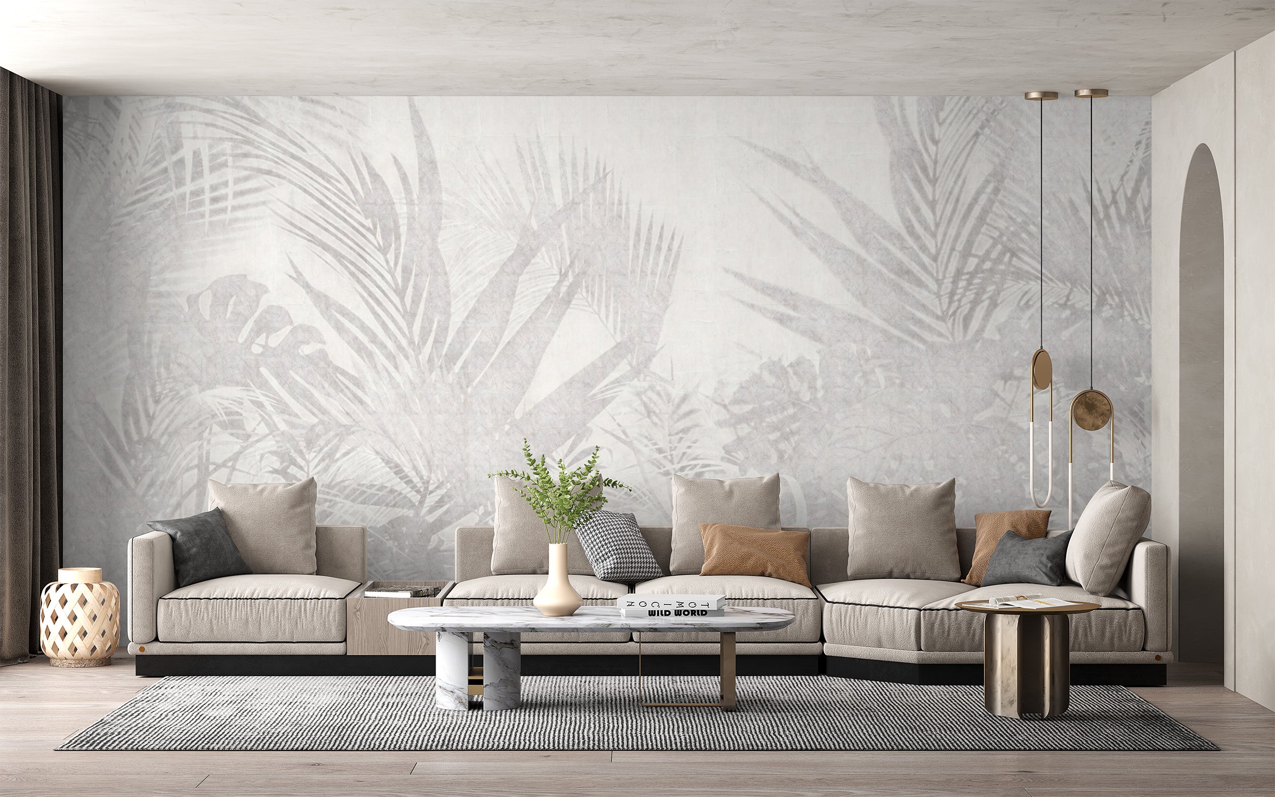 Neutral tropical wall décor with leaf patterns
