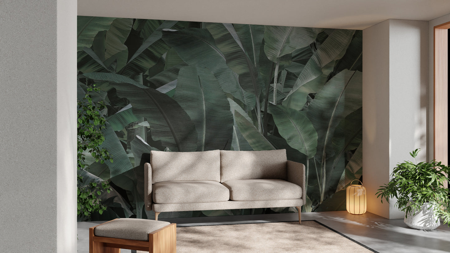 Botanical leaf pattern wallpaper with vibrant greens
