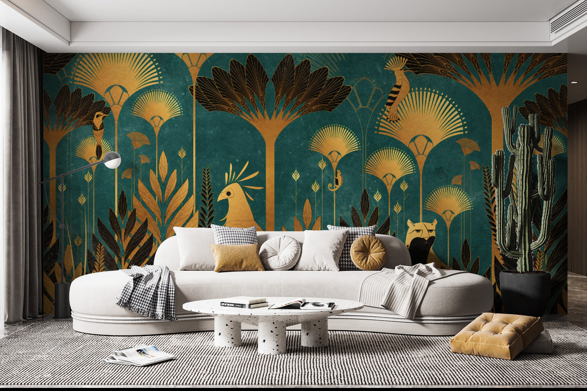 Teal jungle wallpaper featuring golden parrots and palm leaves
