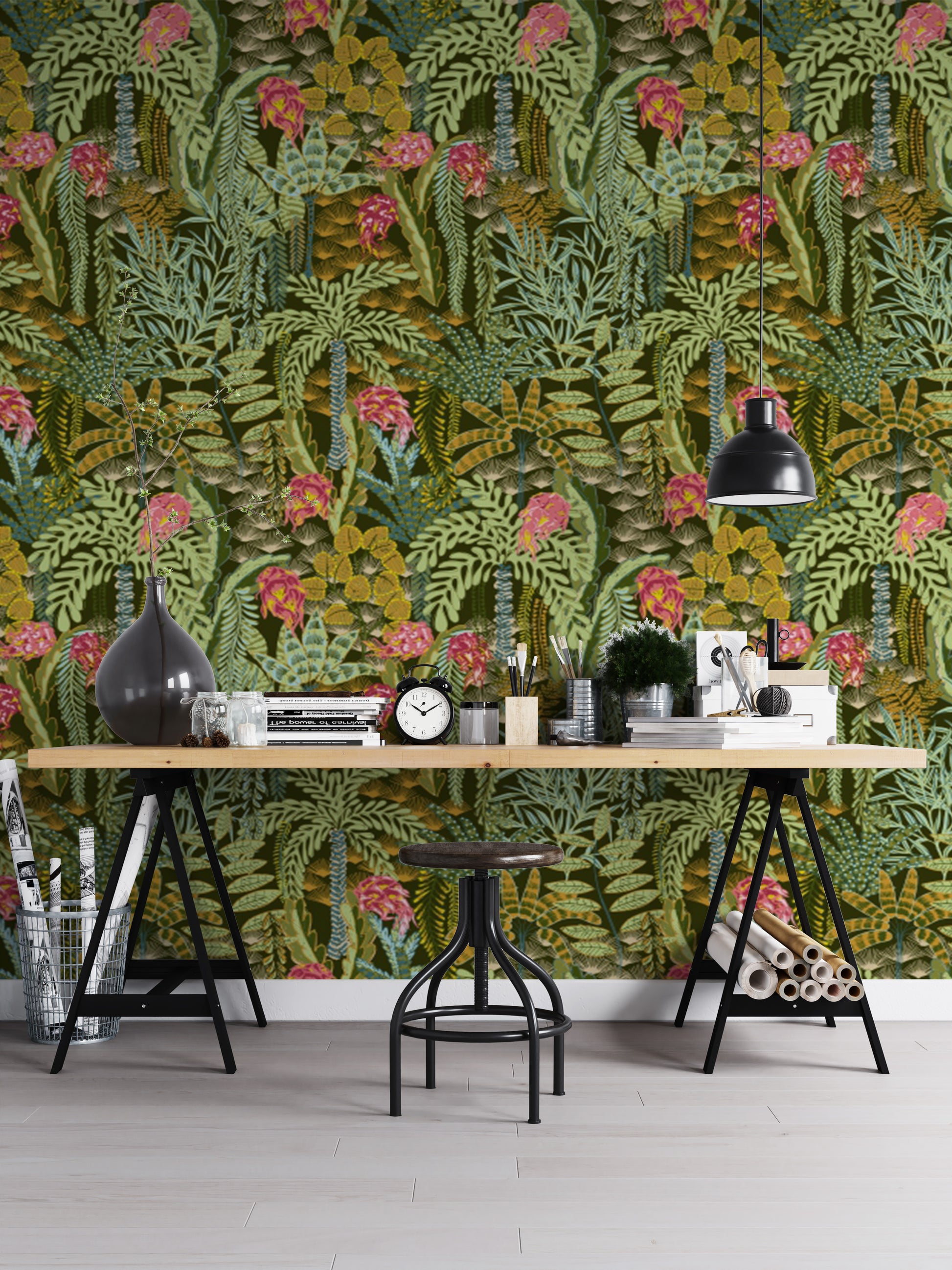 Emerald Jungle wallpaper creating a serene, forest-like ambiance.
