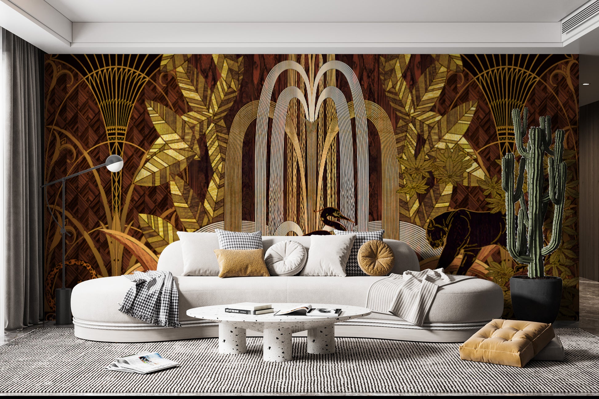 Elegant Art Deco wildlife mural with tropical botanical accents
