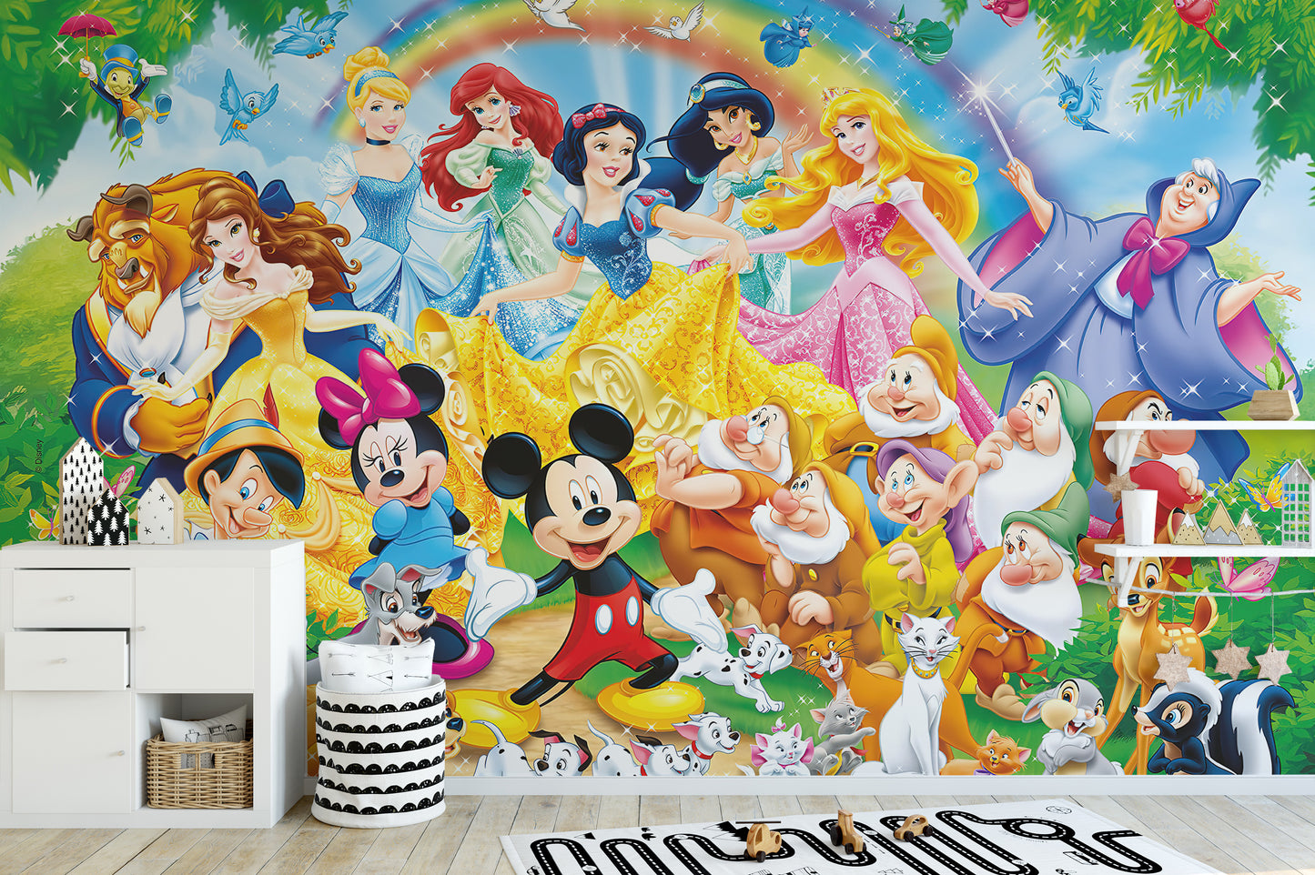 Vibrant Disney dynasty mural with classic animated characters
