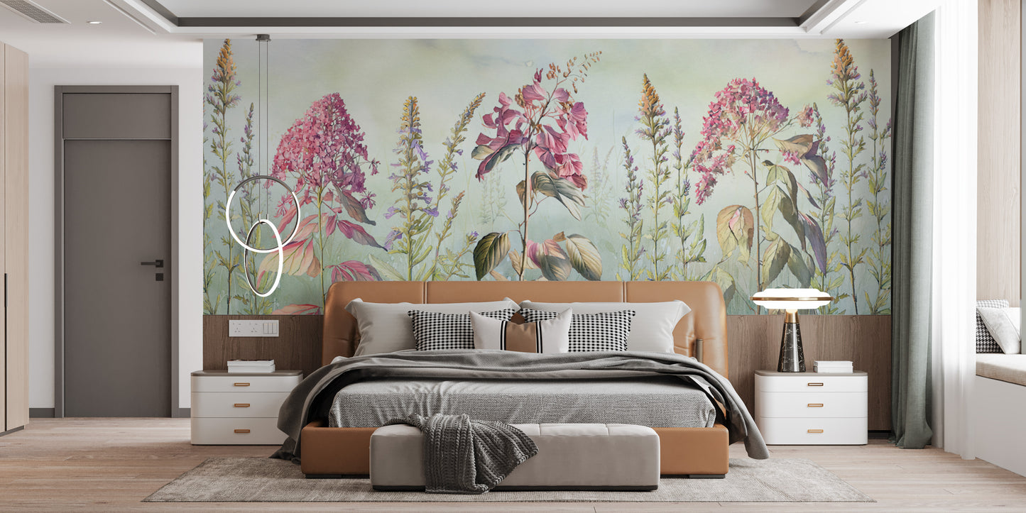 Elegant wild flowers meadows blue mural wallpaper for a calming atmosphere.