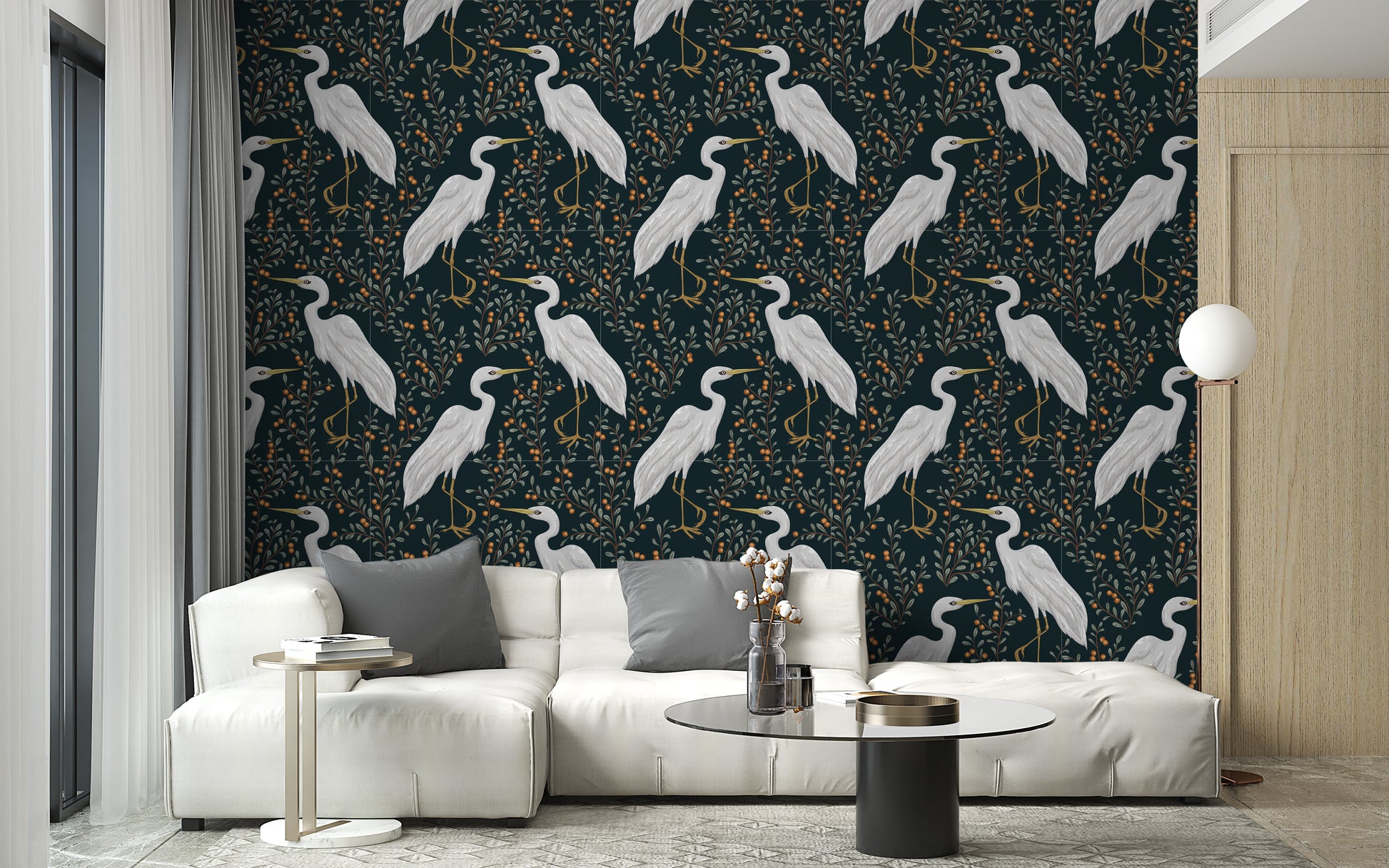 Heron and cranberry plant wallpaper design