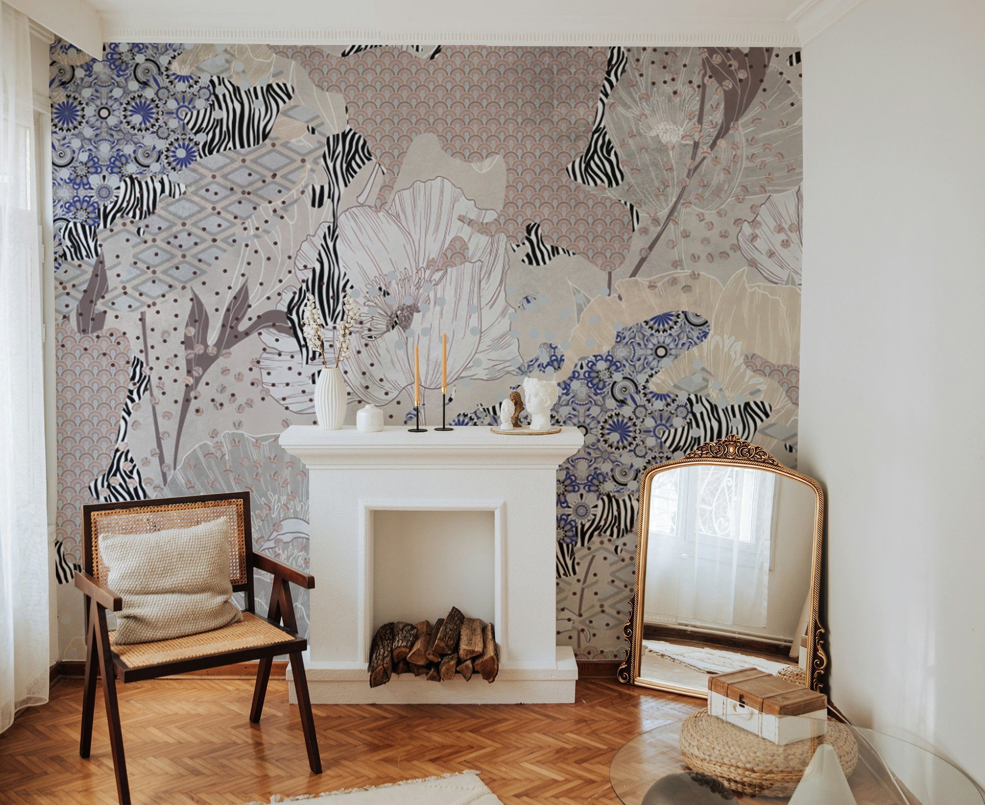 Textured floral botanical mural with artistic elegance
