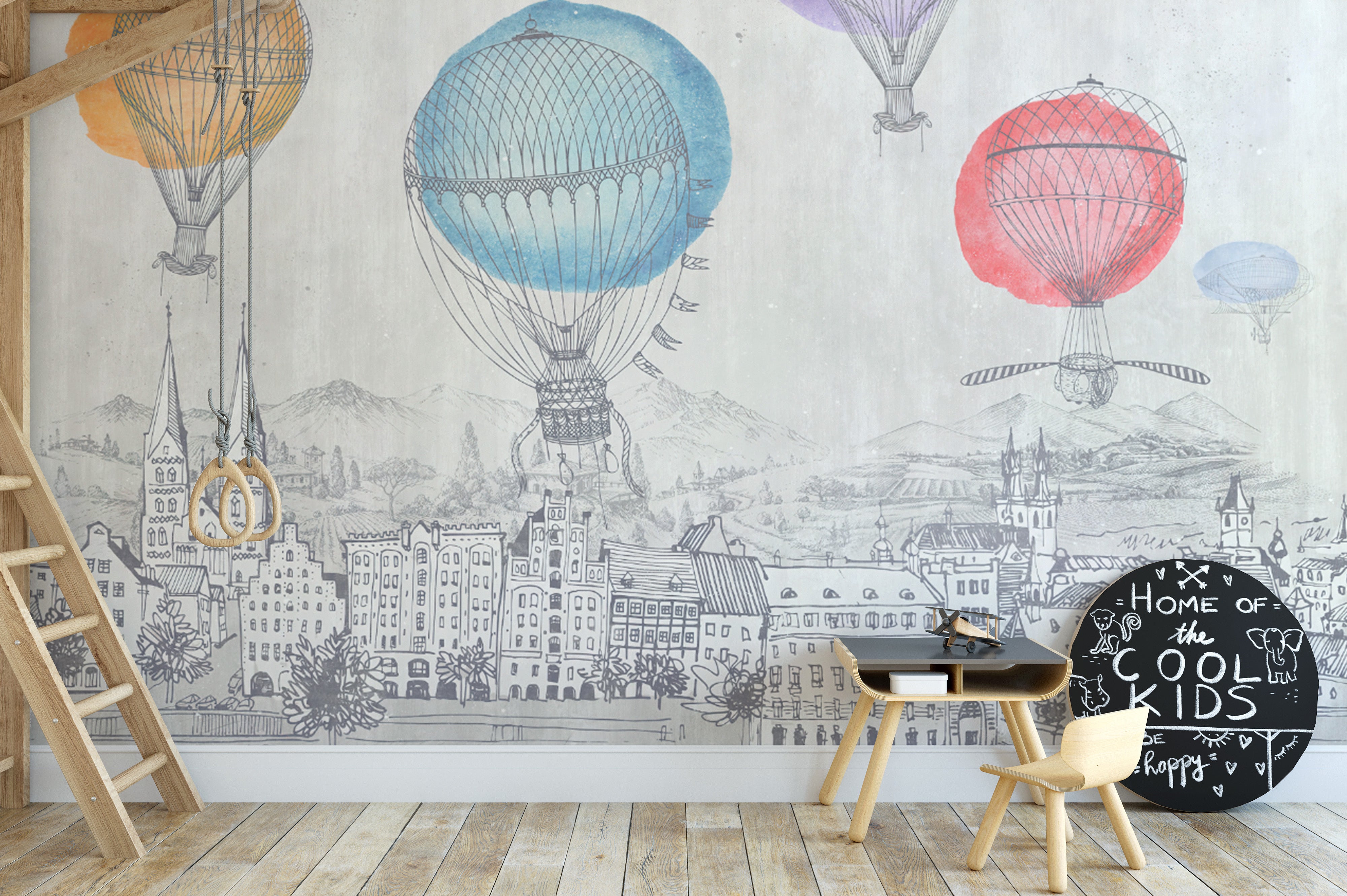 Cloudy Sky Hot Air Balloon Mural
