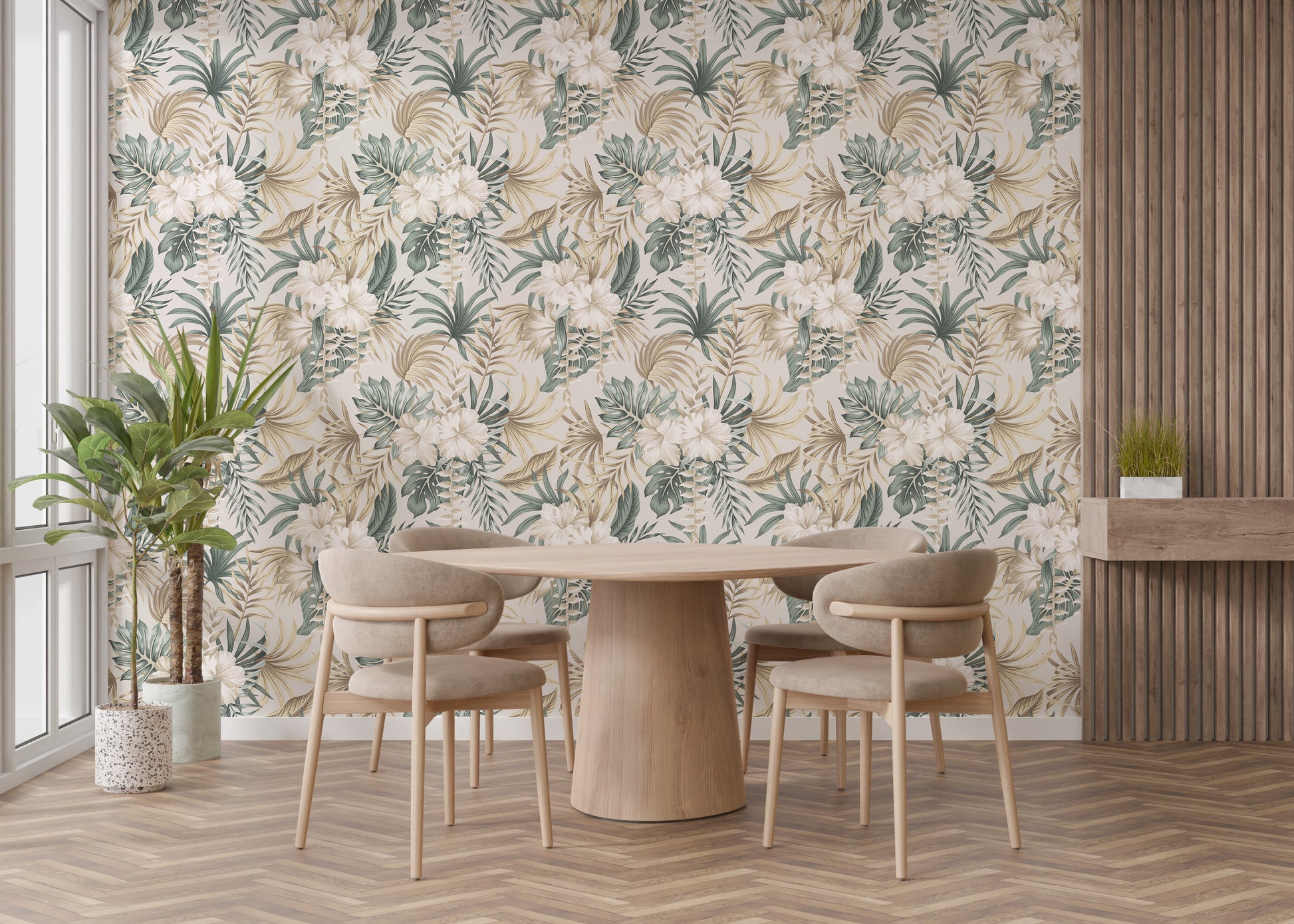 Elegant tropical floral palm leaf mural design
