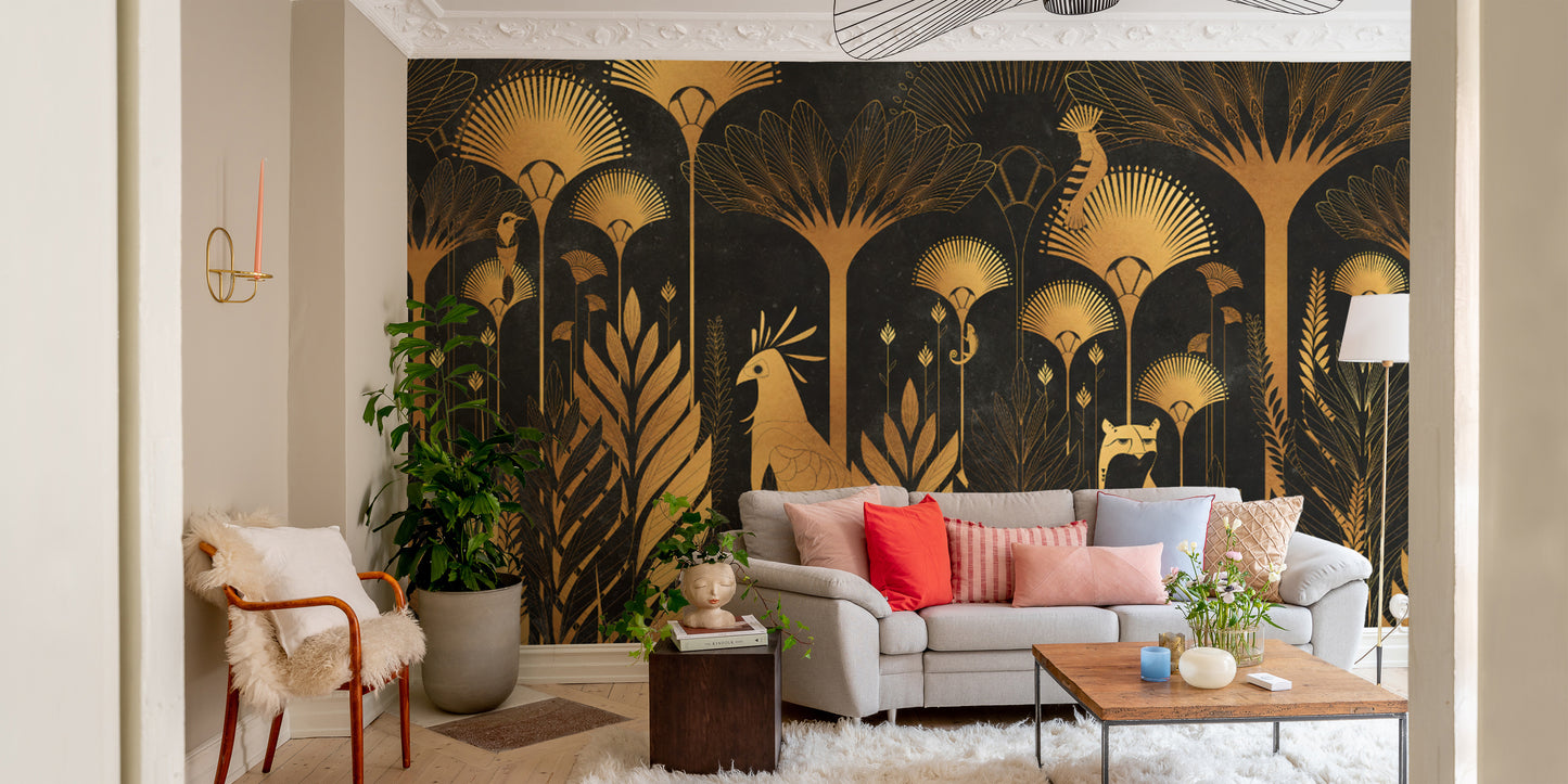 Black and Gold Luxurious Art Deco Jungle Wallpaper Design
