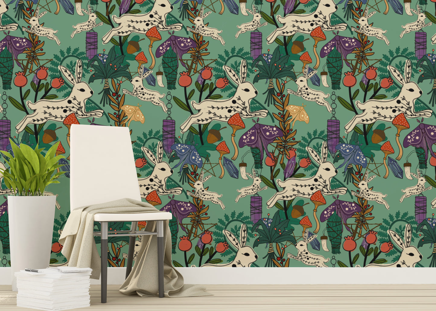 Whimsical forest mural with playful rabbits
