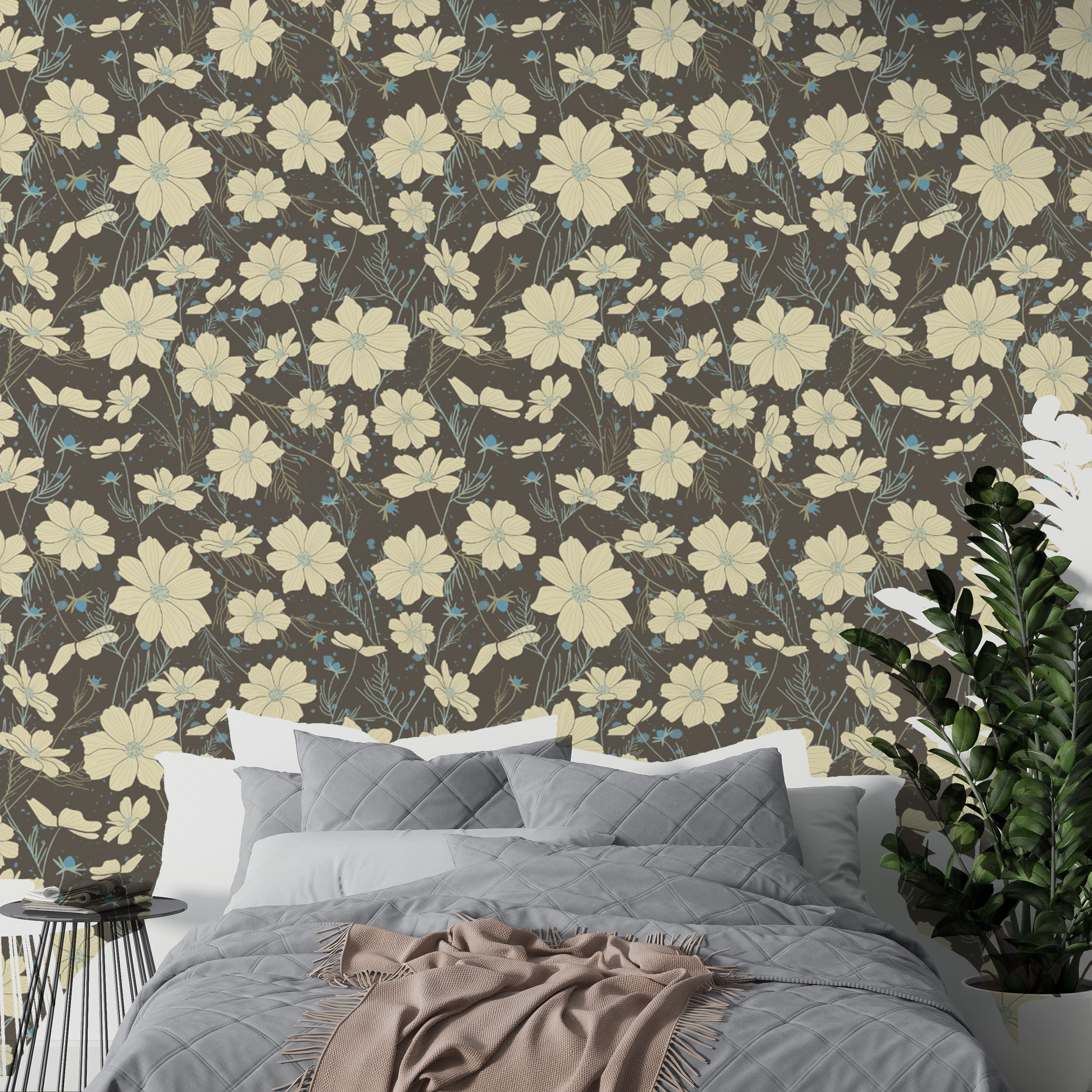 Elegant cosmos flower gray wallpaper with a minimalist design.
