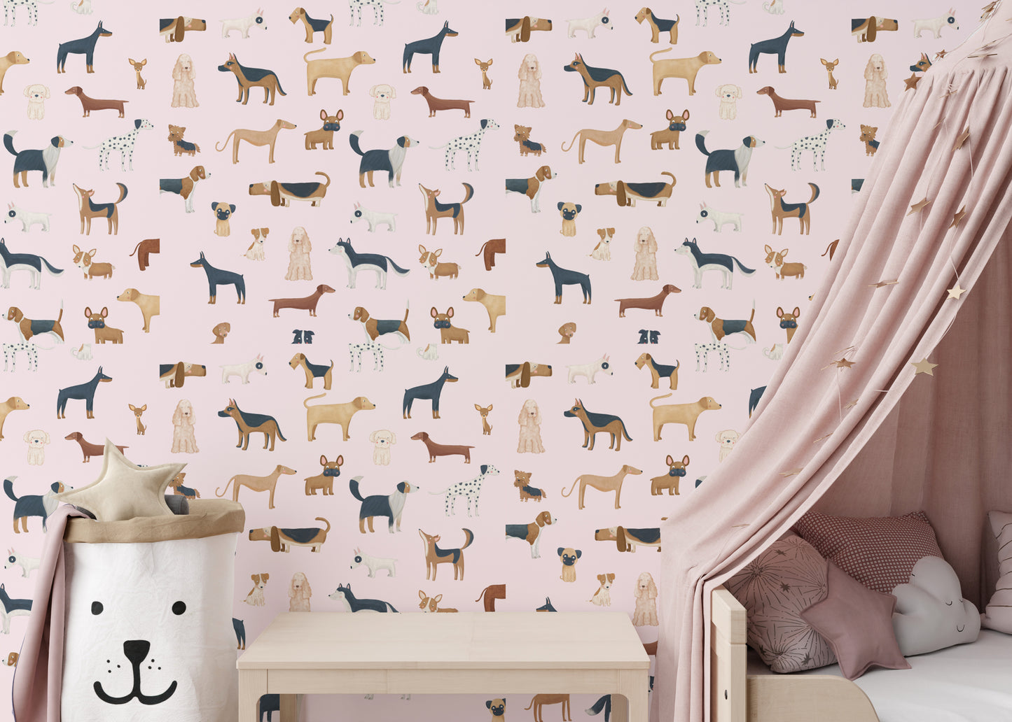 Pink wallpaper with cute puppy illustrations
