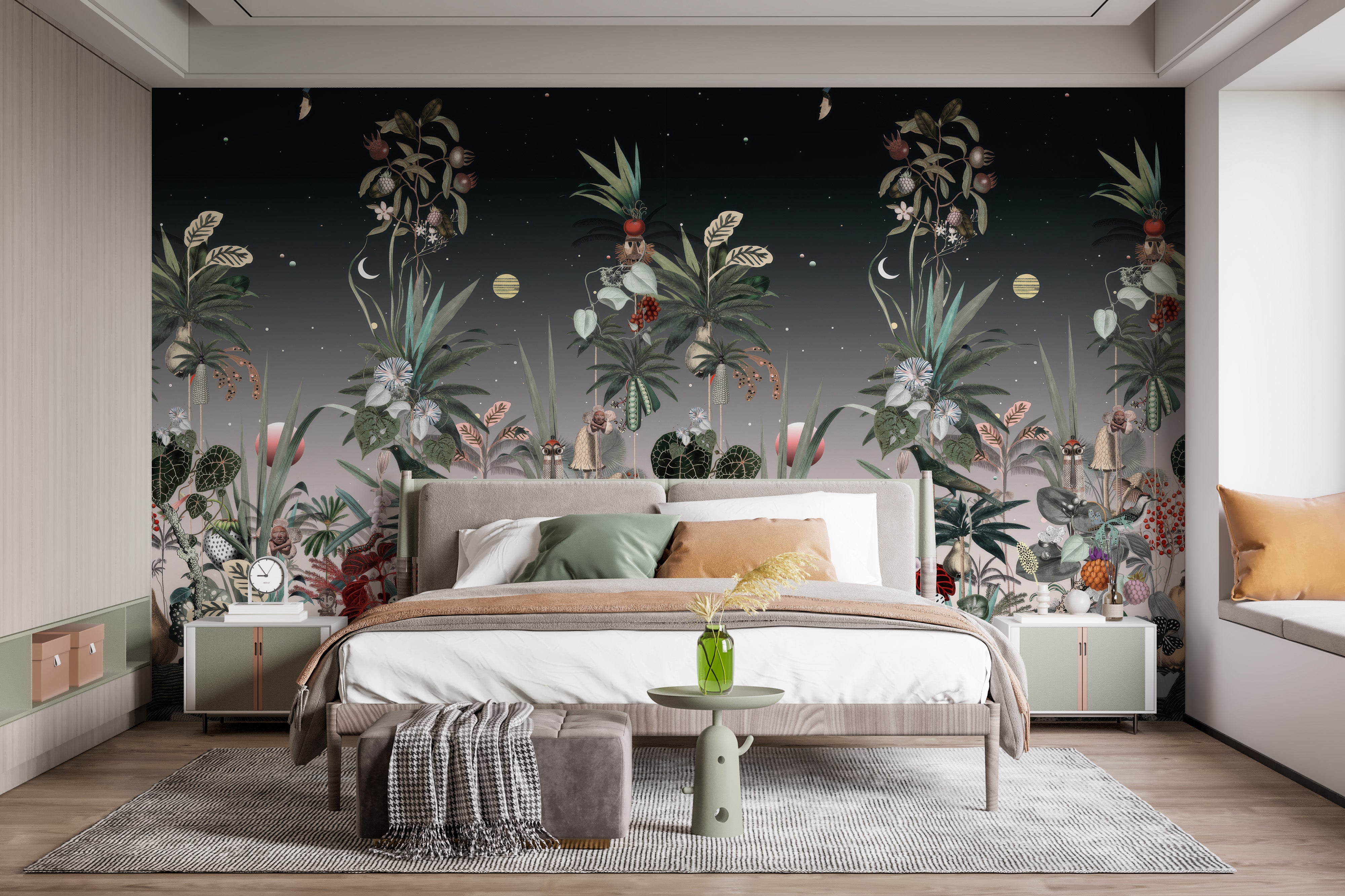 Elegant Midnight Botanic Wall Mural in a cozy bedroom setting