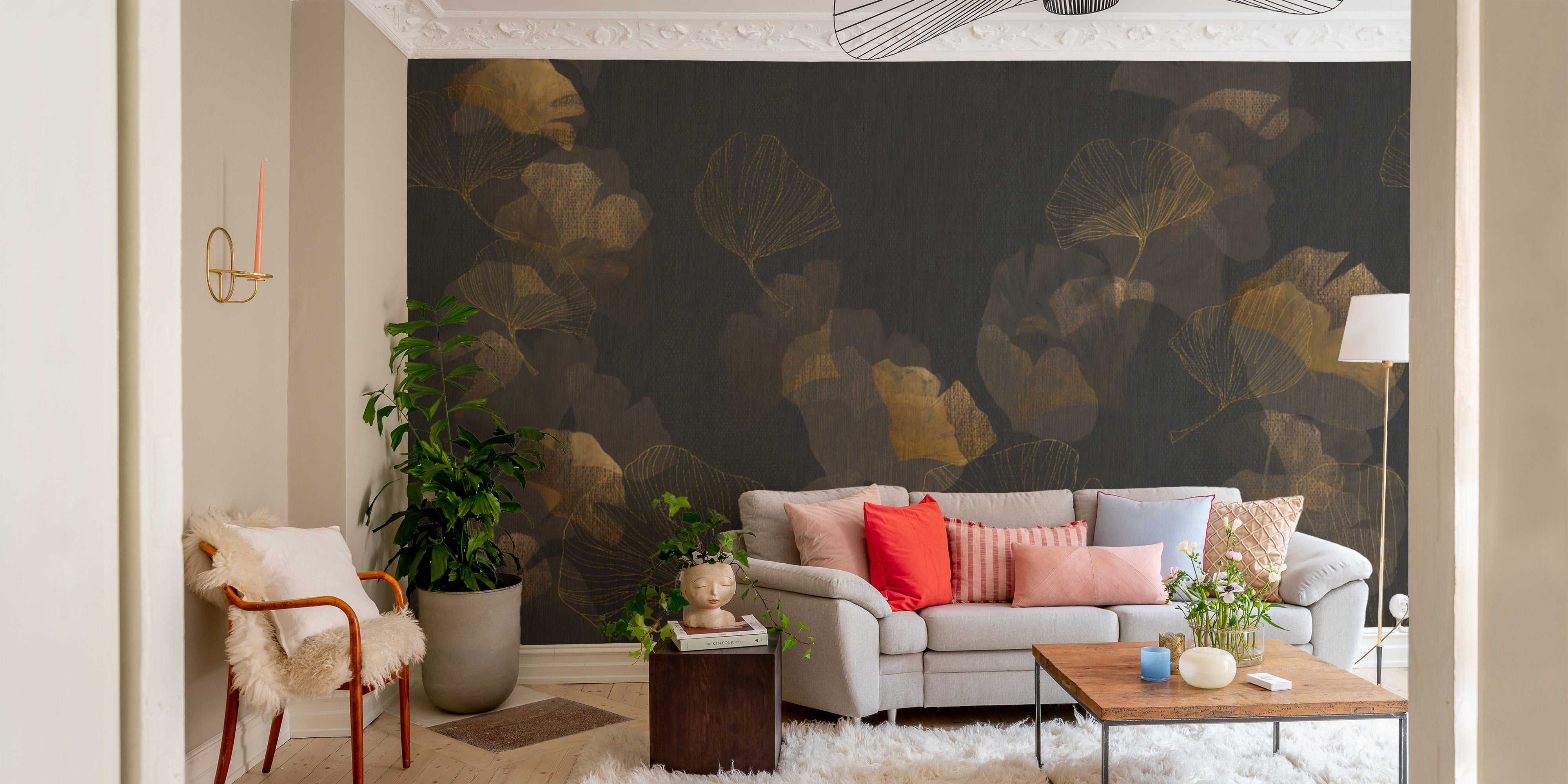 Bold black textured ginkgo wallpaper for modern interiors
