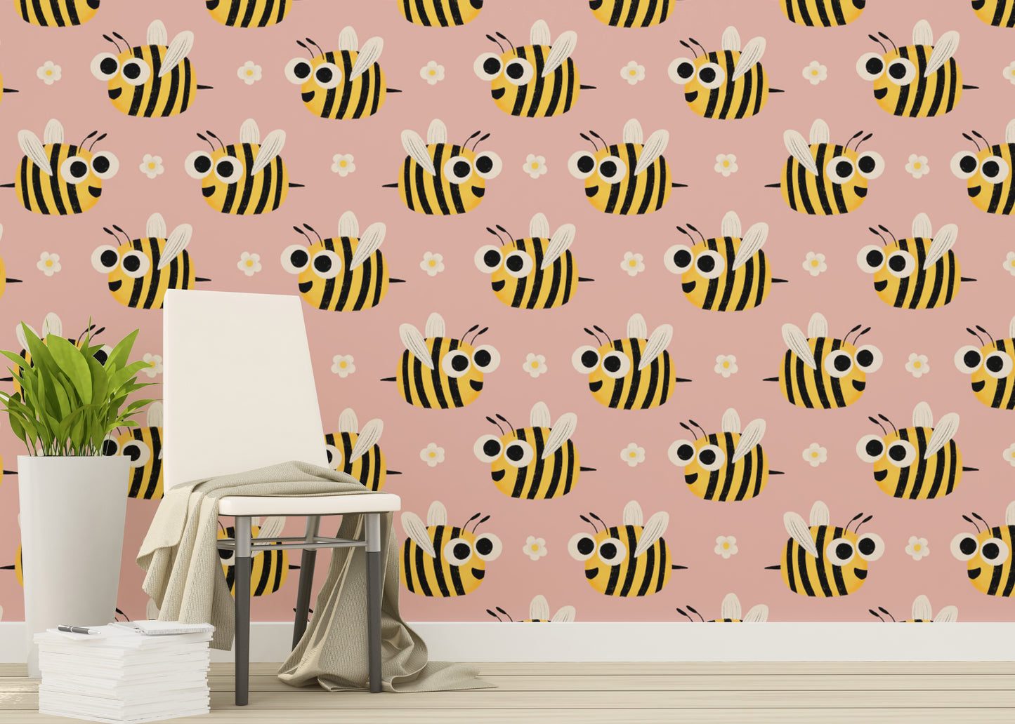 Adorable bee mural on pink background
