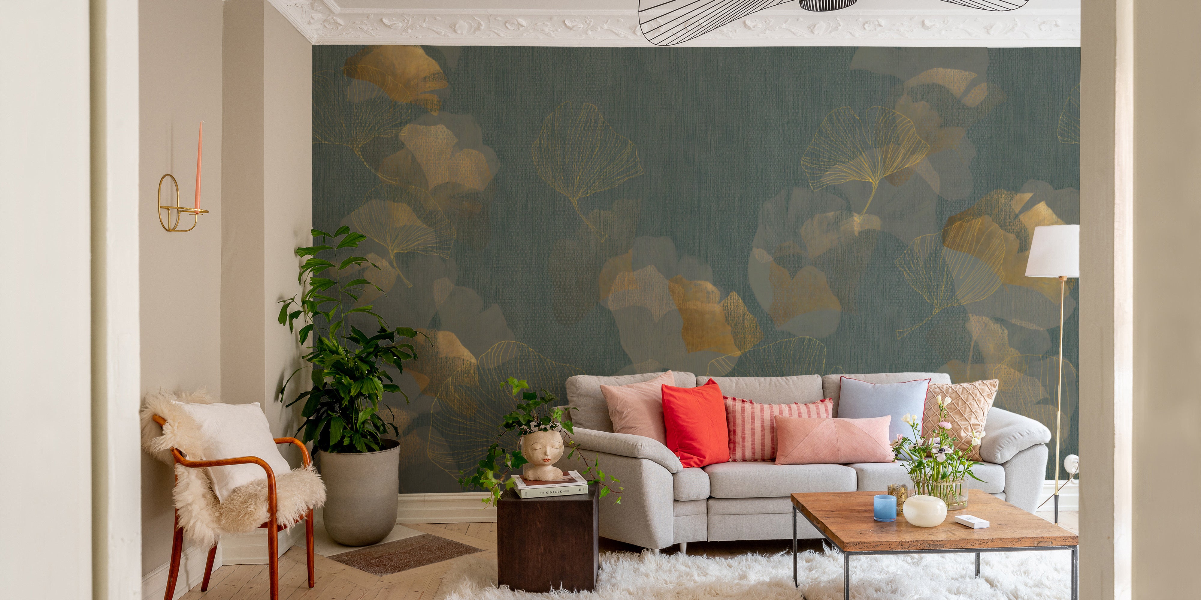 Sophisticated green ginkgo wallpaper with subtle textures
