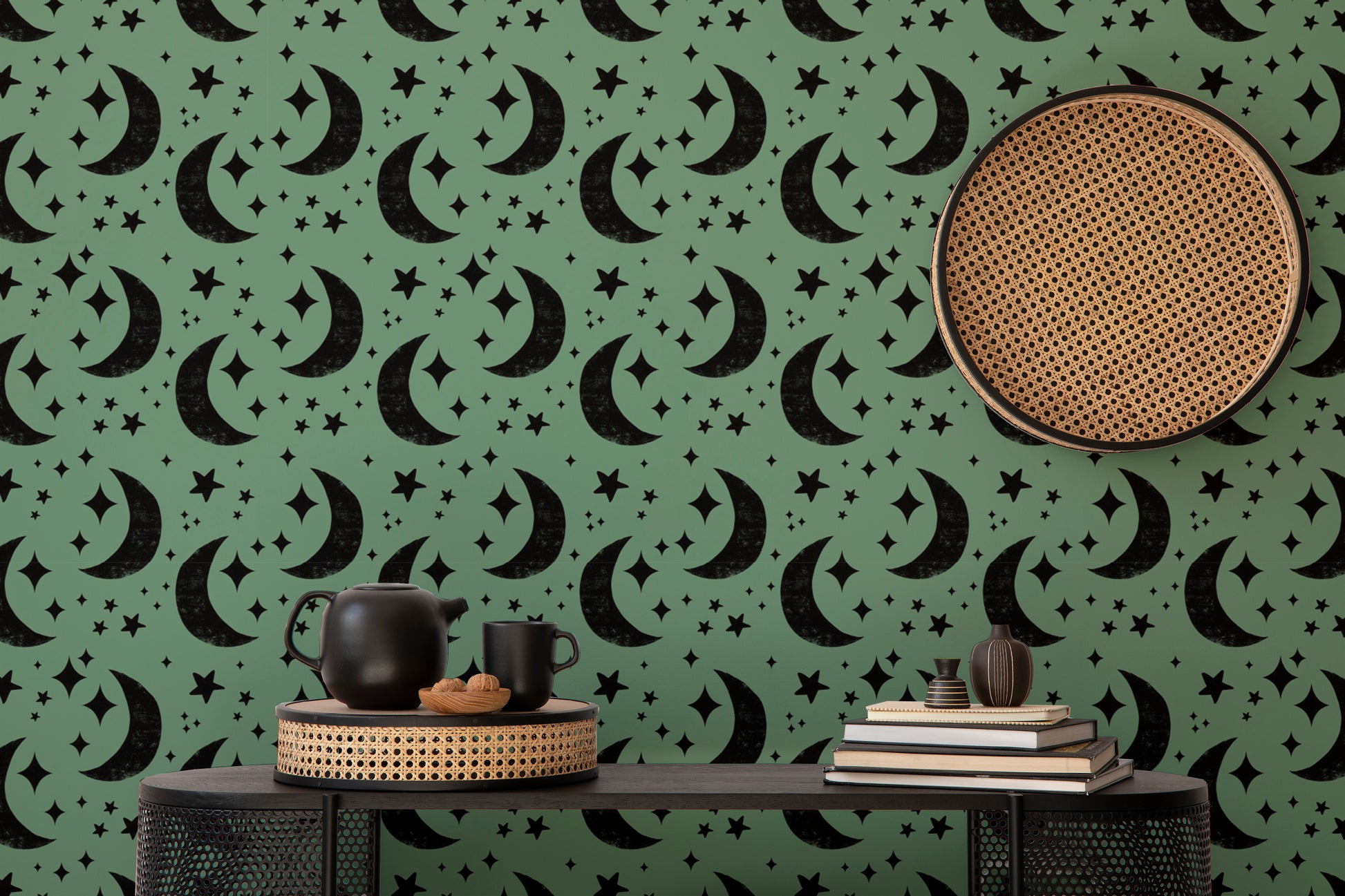 Dreamy Moon Green Background Wallpaper mural