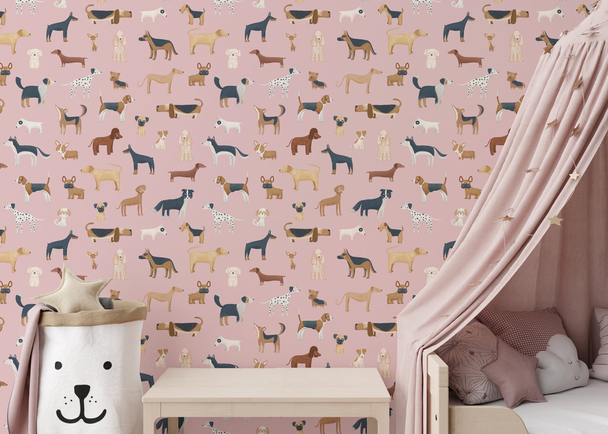 Pink wallpaper for kids with dog prints
