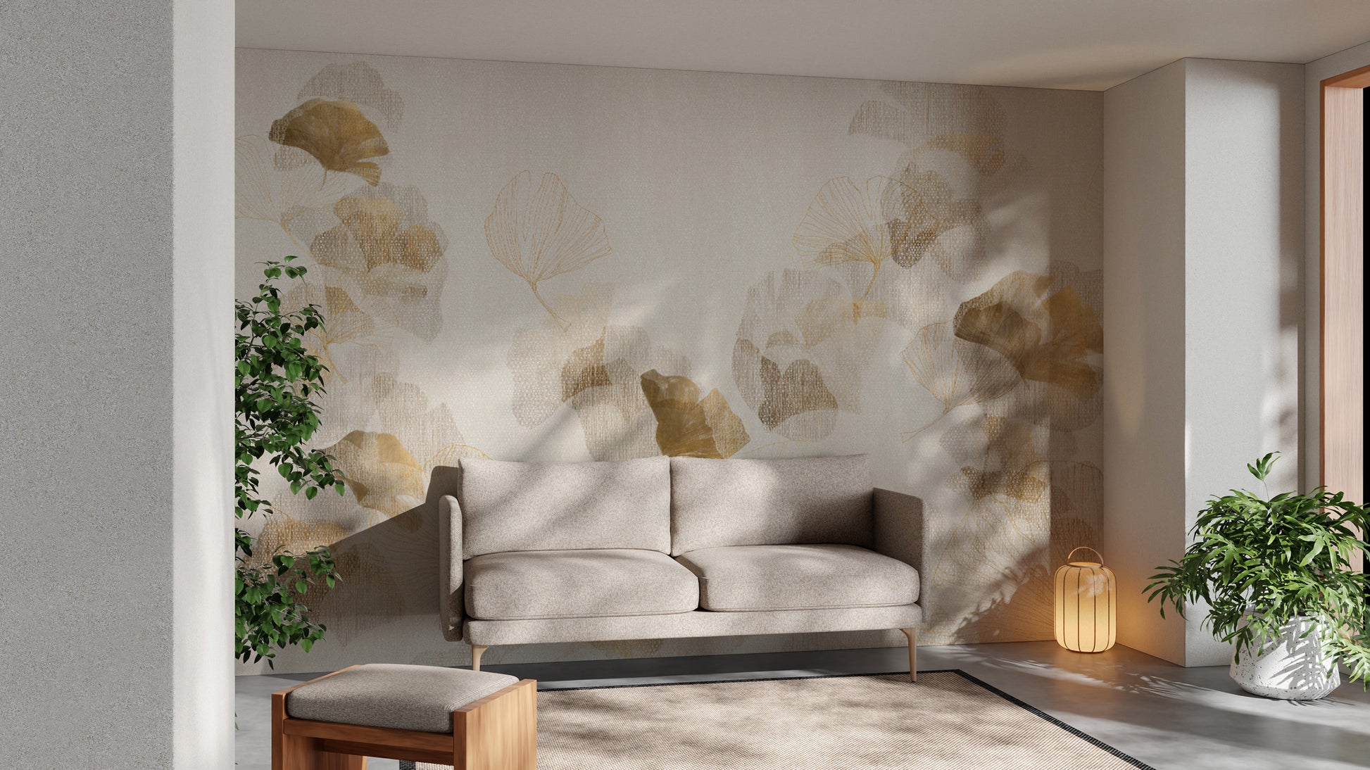 Light beige textured ginkgo wallpaper for sophisticated interiors
