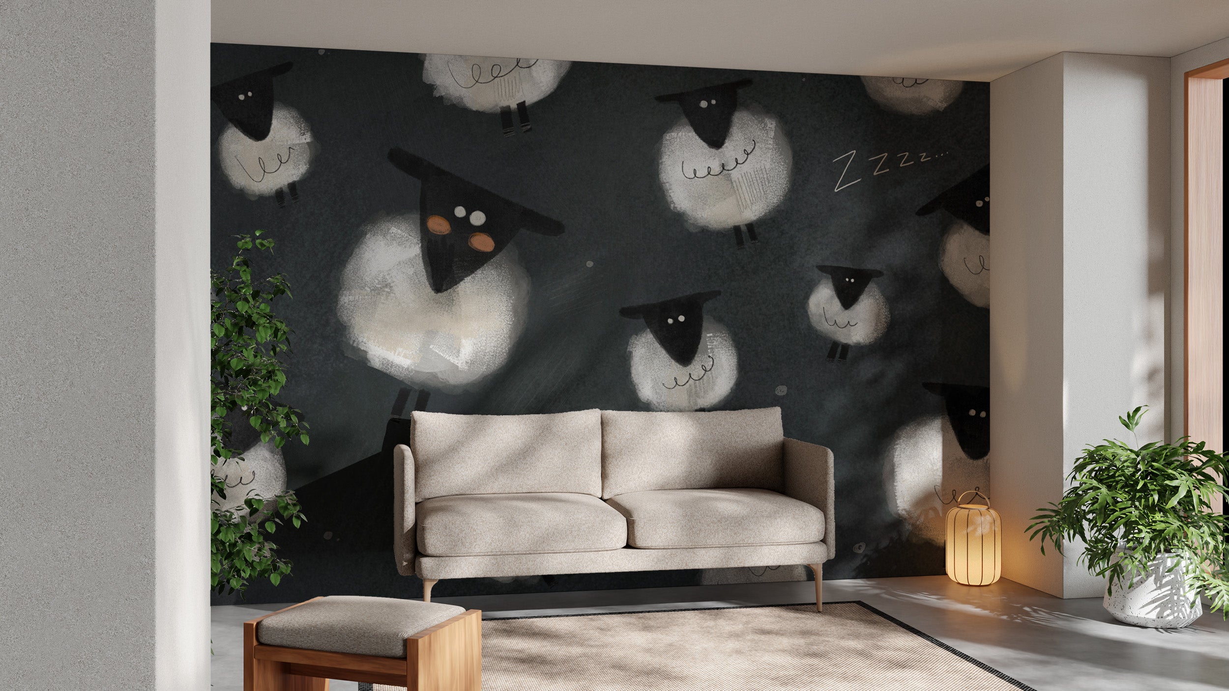 Whimsical dark sheep wallpaper for a cozy night theme
