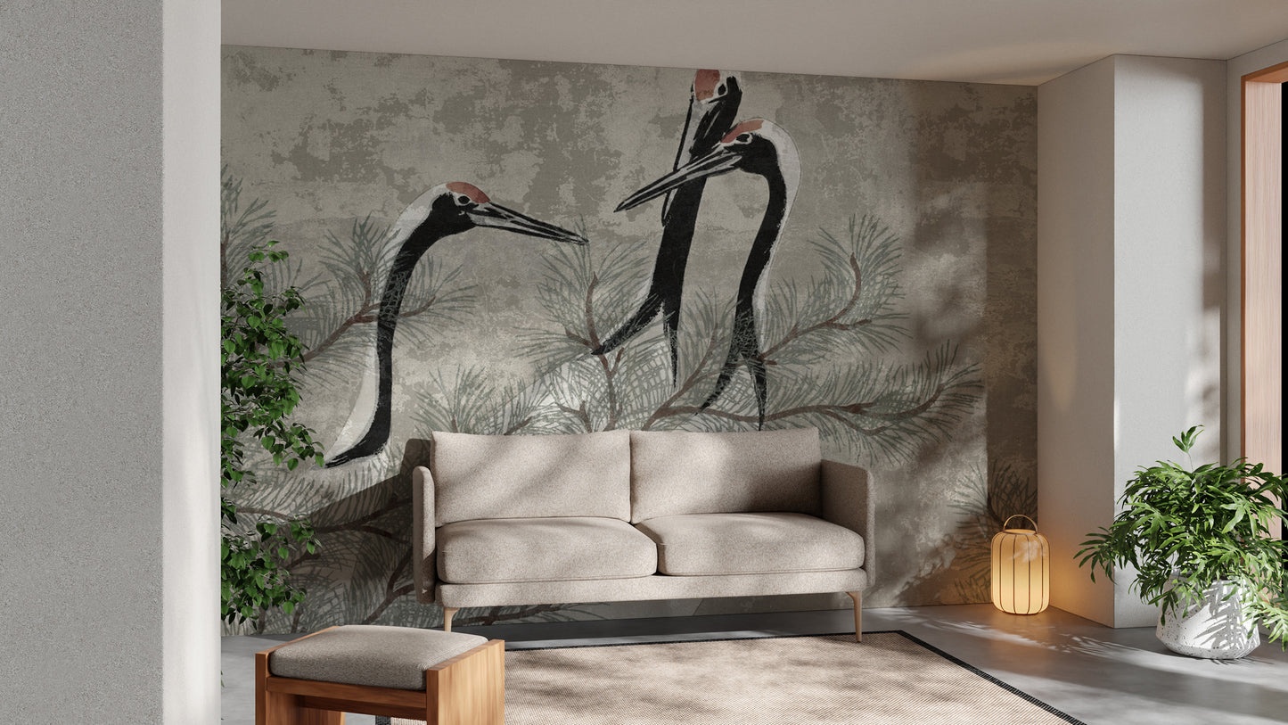 Elegant Oriental Crane Pine Tree Wallpaper for walls
