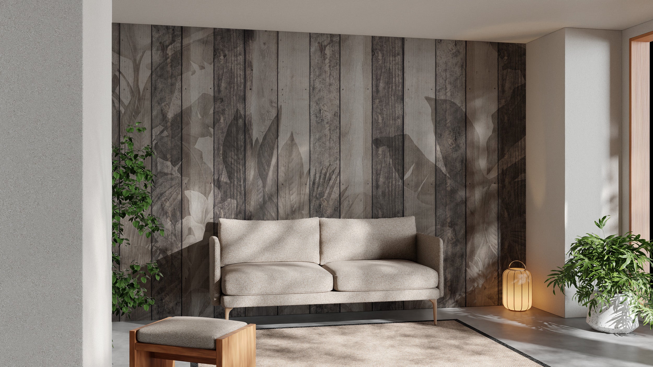 Rustic wood wallpaper featuring tropical leaves and flowers
